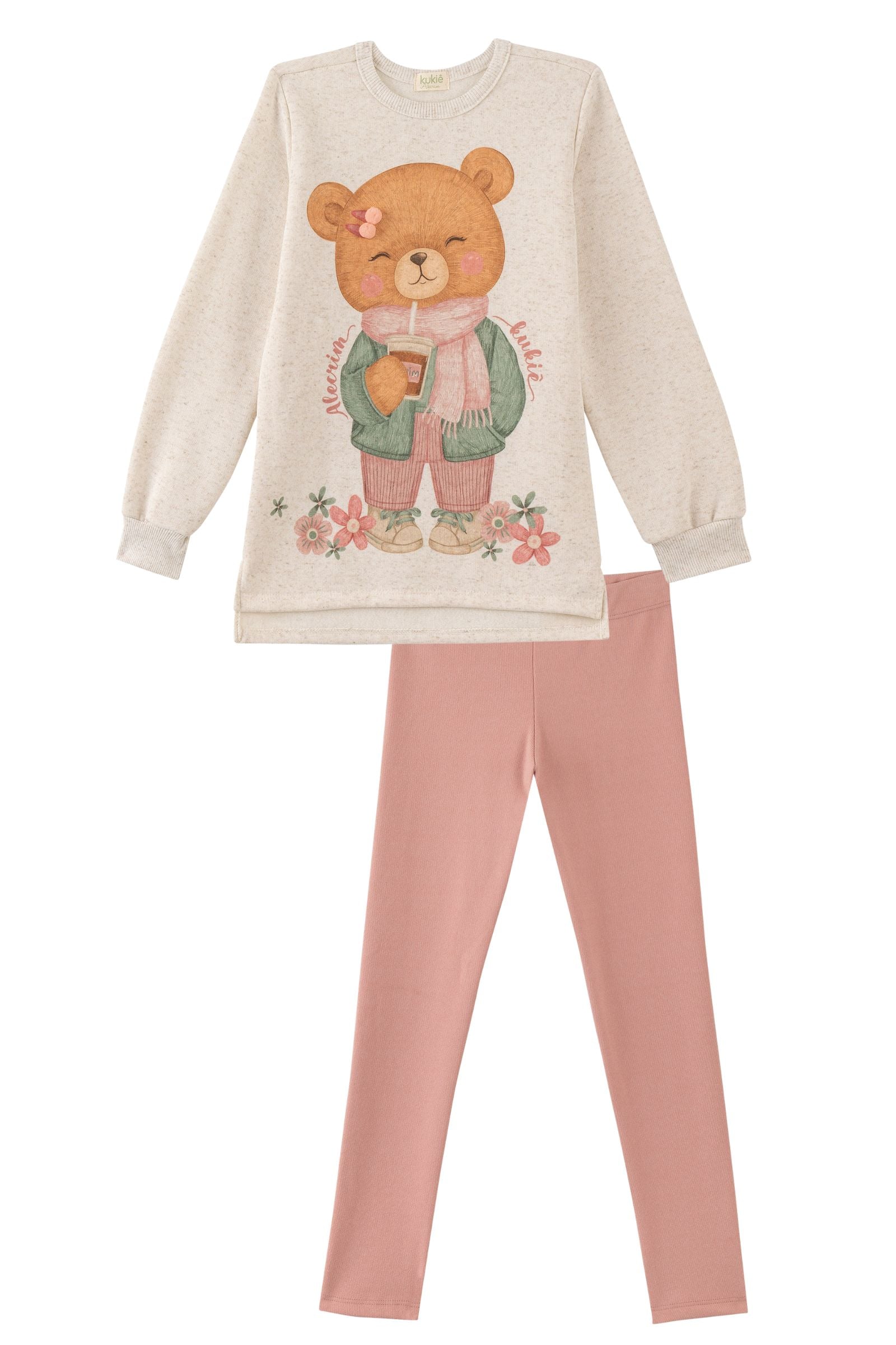 Conjunto de Blusão Over em Moletom Linho com Pelúcia e Calça Legging em Canelado Comfy 89572 Kukiê Infantil Menina