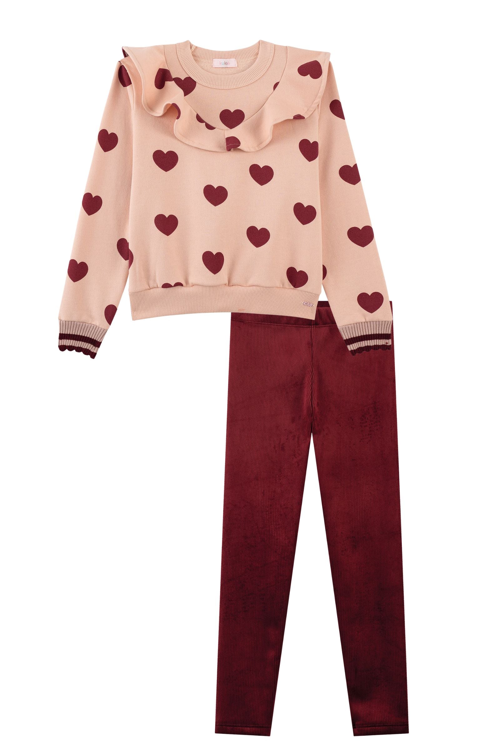 Conjunto de Blusão em Moletom com Pelúcia e Calça Legging em Canelado Cotelê 89841 Kukiê Infantil Menina