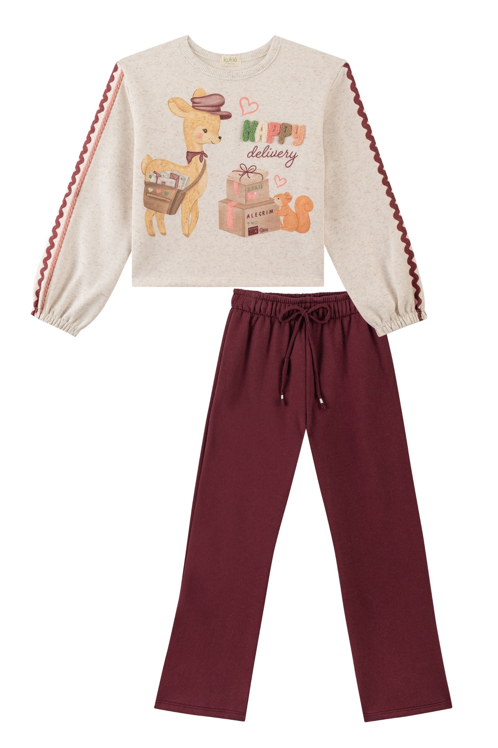 Conjunto de Blusão Boxy Over e Calça Reta em Moletom com Pelúcia 89889 Kukiê Infantil Menina