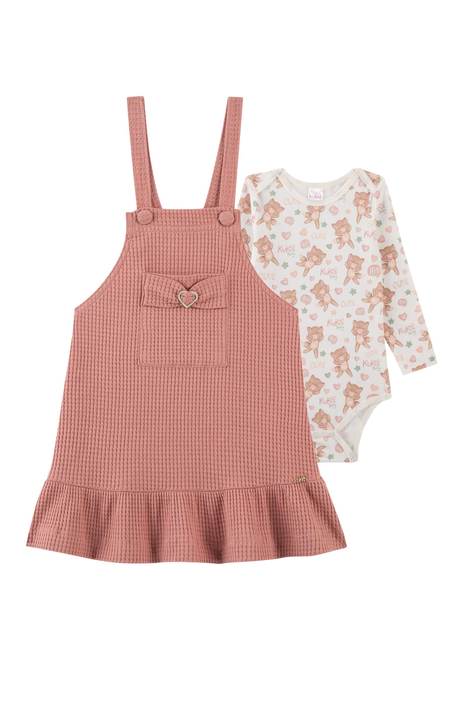 Conjunto de Body em Malha Comfy e Salopete em Malha Big Waffle 91883 Kukiê Bebê Menina
