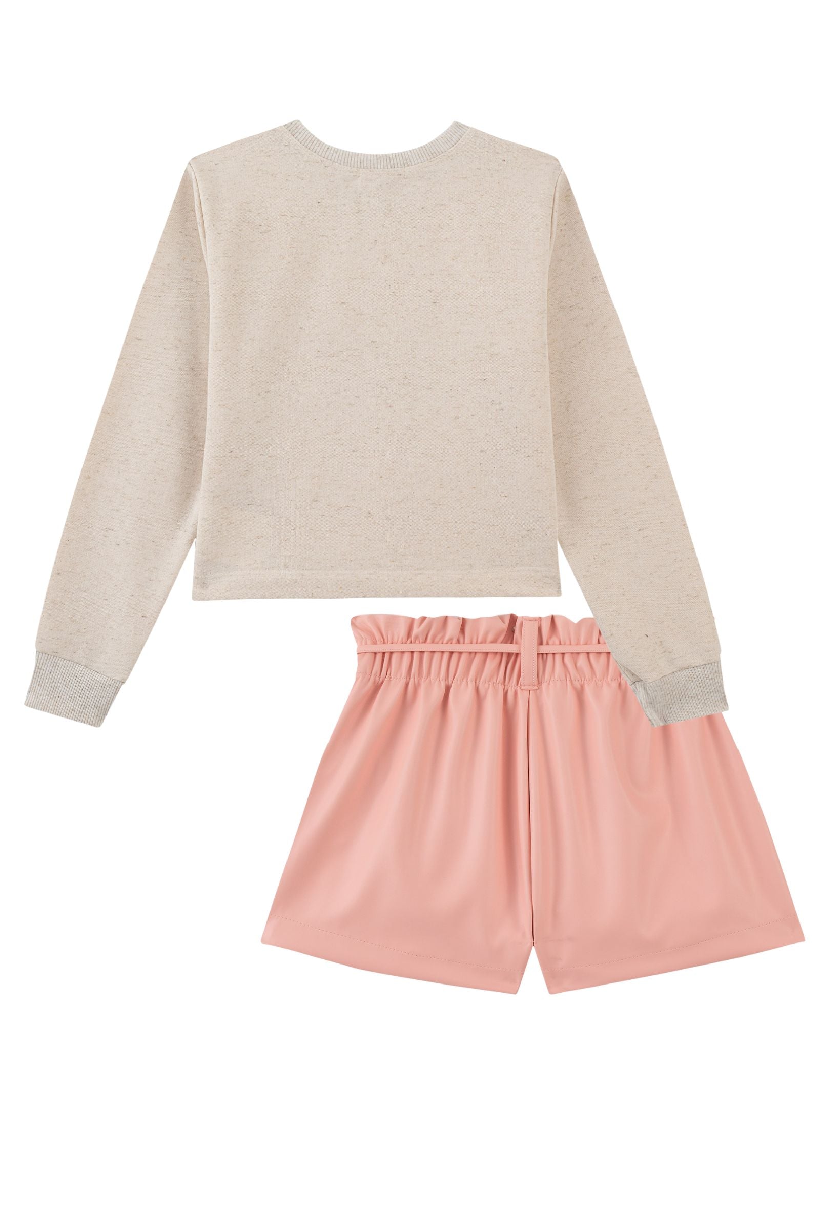 Conjunto de Blusão Boxy em Moletom Linho sem Pelúcia e Shorts em Couro Eco 93778 Kukiê Infantil Menina