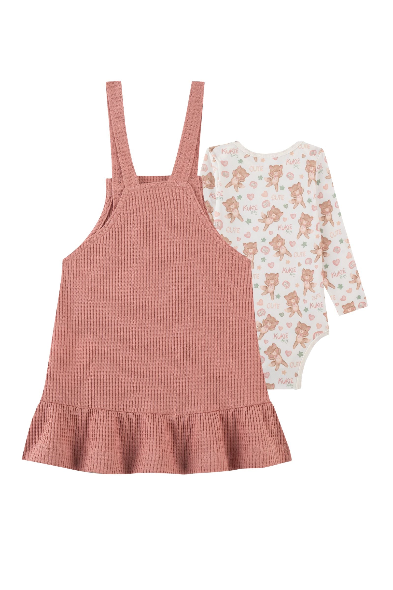 Conjunto de Body em Malha Comfy e Salopete em Malha Big Waffle 91883 Kukiê Bebê Menina