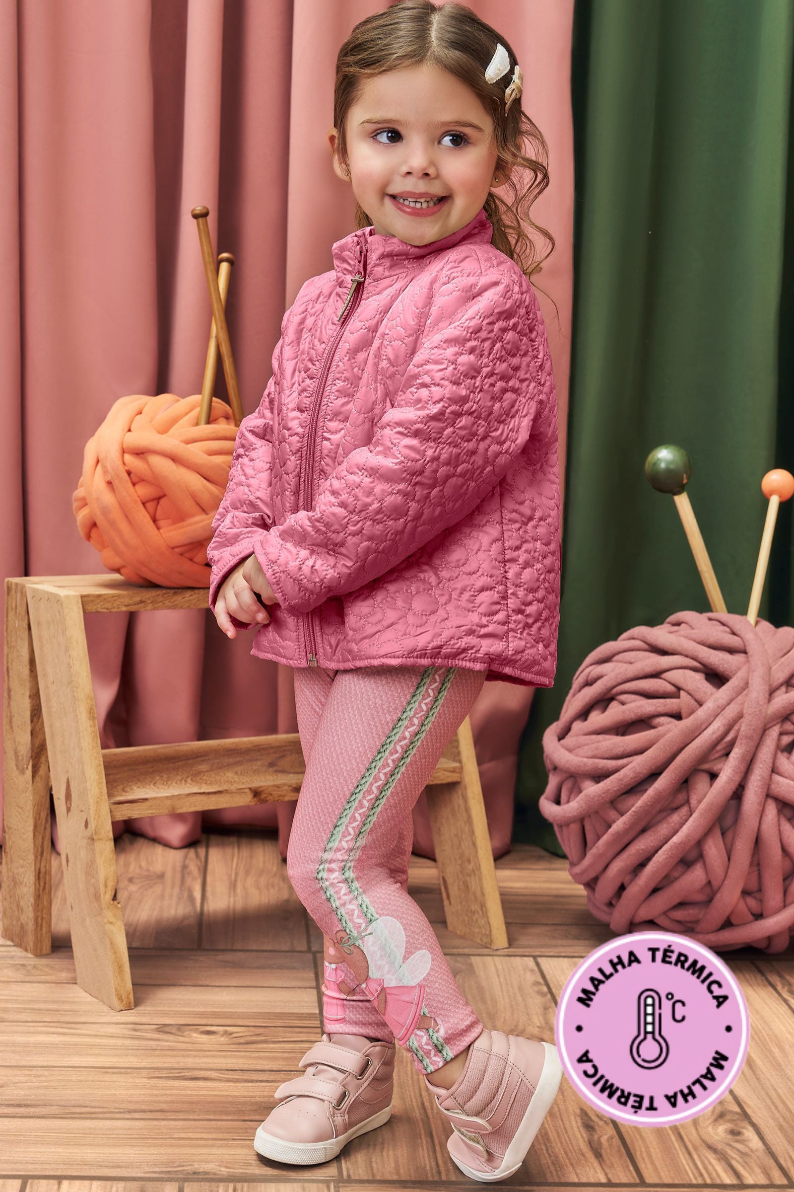 Conjunto de Jaqueta em Matelassê Flower e Calça Legging em Termoskin 79108 Kukiê Bebê Menina