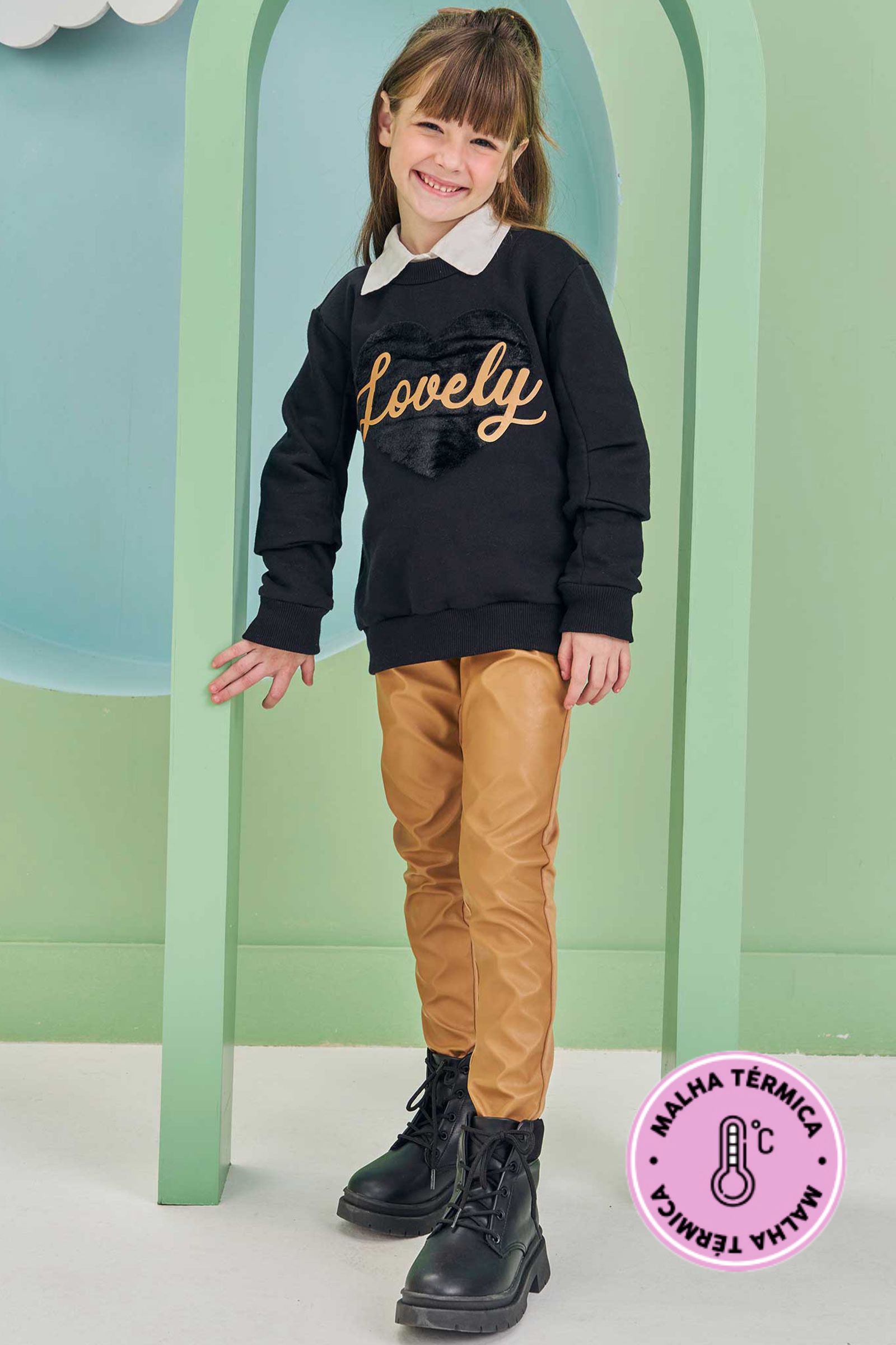 Conjunto Blusão em Moletom com Pelúcia e Calça Legging em Couro Sintético e Termoskin 80365 Kukiê Infantil Menina