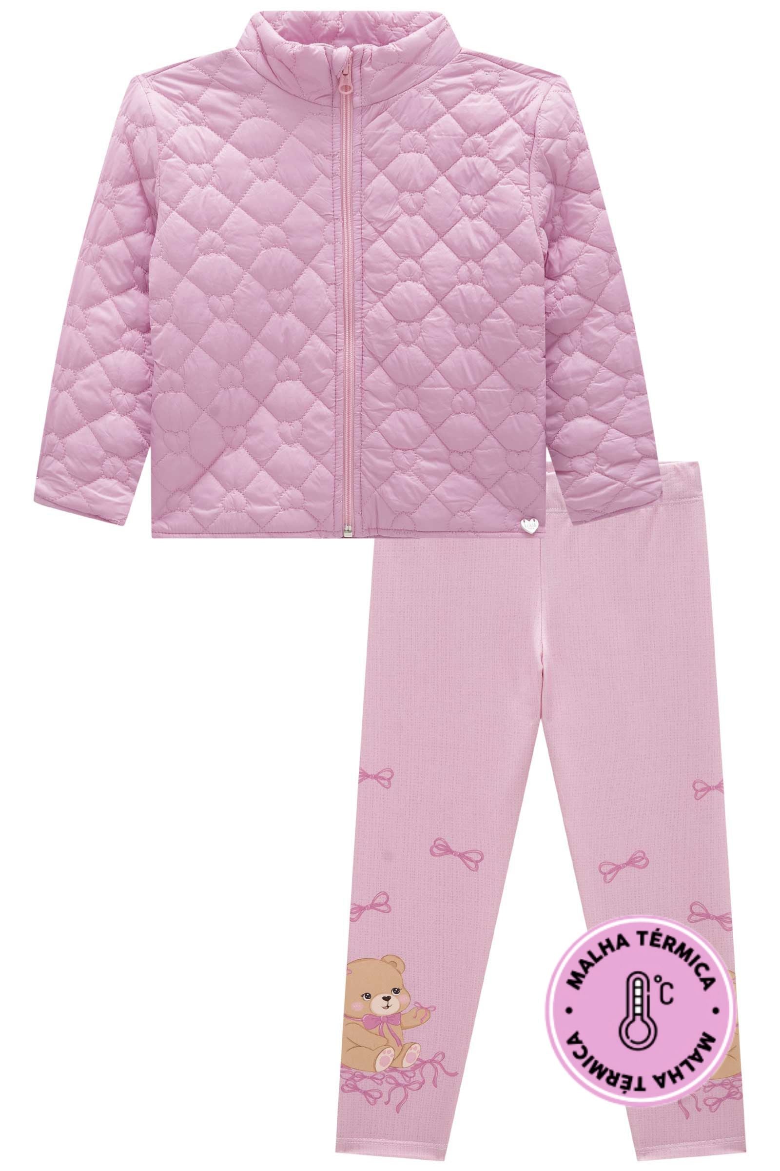 Conjunto de Nylon em Matelassê de Coração e Calça Legging em Termoskin 80837 Kukiê Bebê Menina