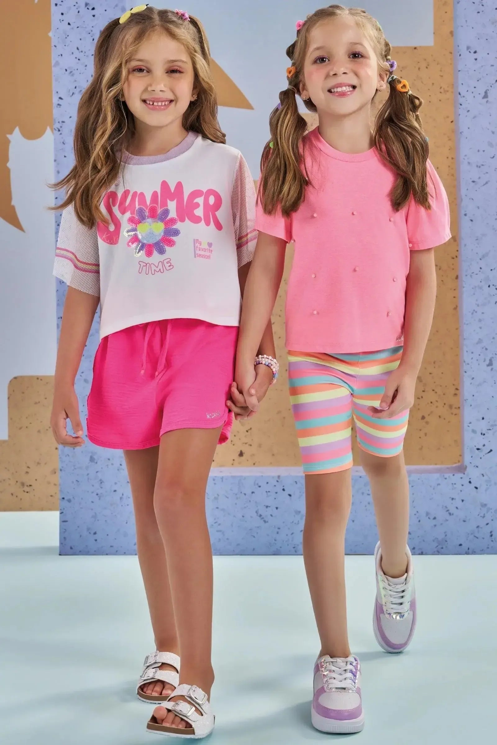 Conjunto de Blusa Boxy Over em Meia Malha e Shorts em Air Flow 88086 Kukiê Infantil Menina