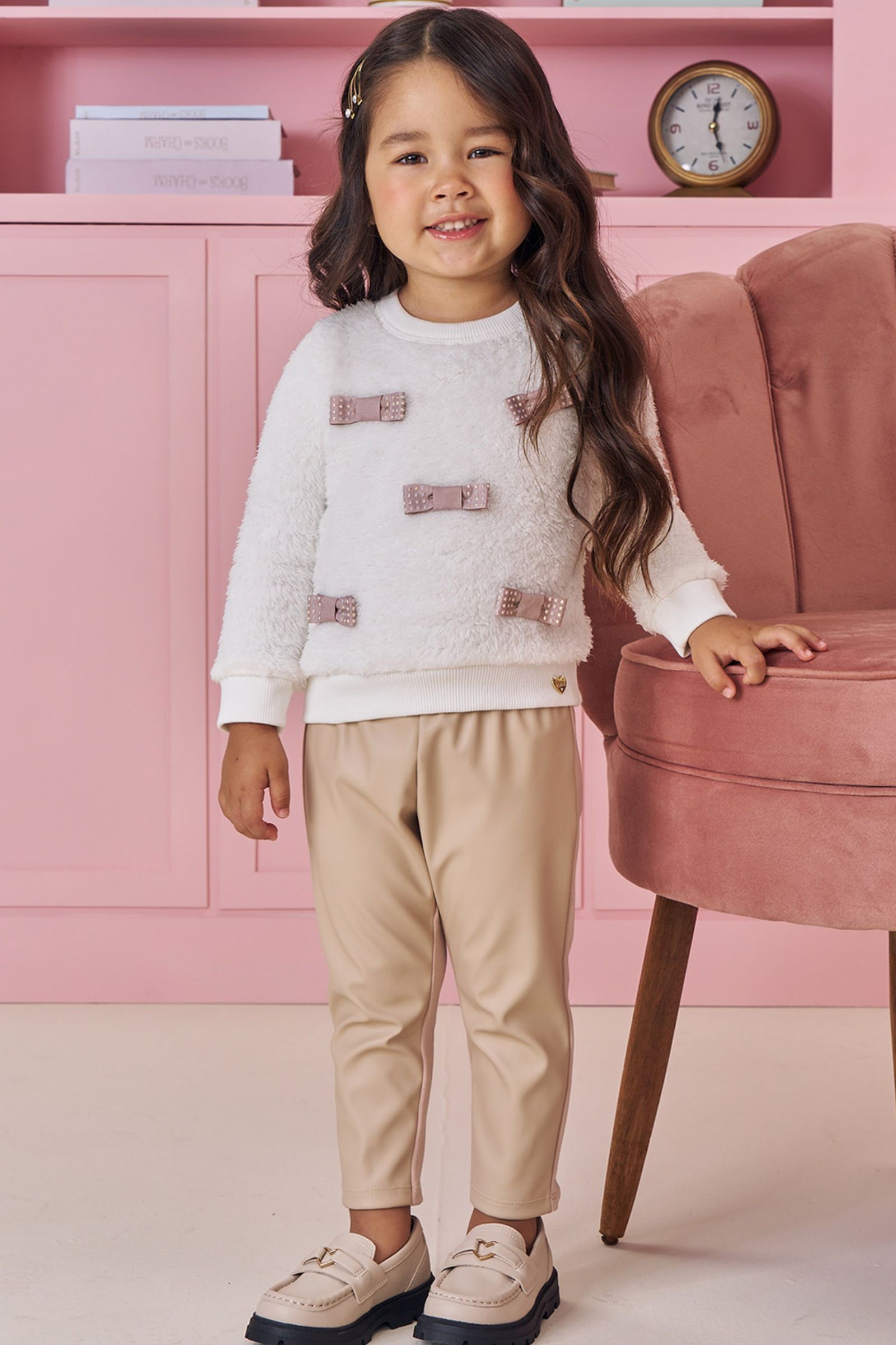 Conjunto de Blusão em Pêlo Carneirinho e Calça Legging em Couro Eco e Termoskin Peluciado 92125 Kukiê Bebê Menina