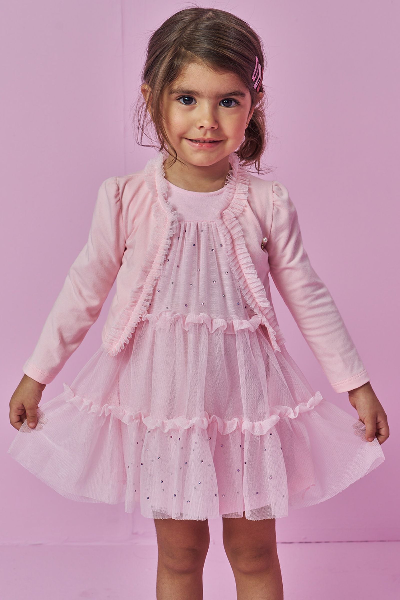Vestido em Tule com Elastano e Casaqueto em Cotton 92145 Kukiê Bebê Menina