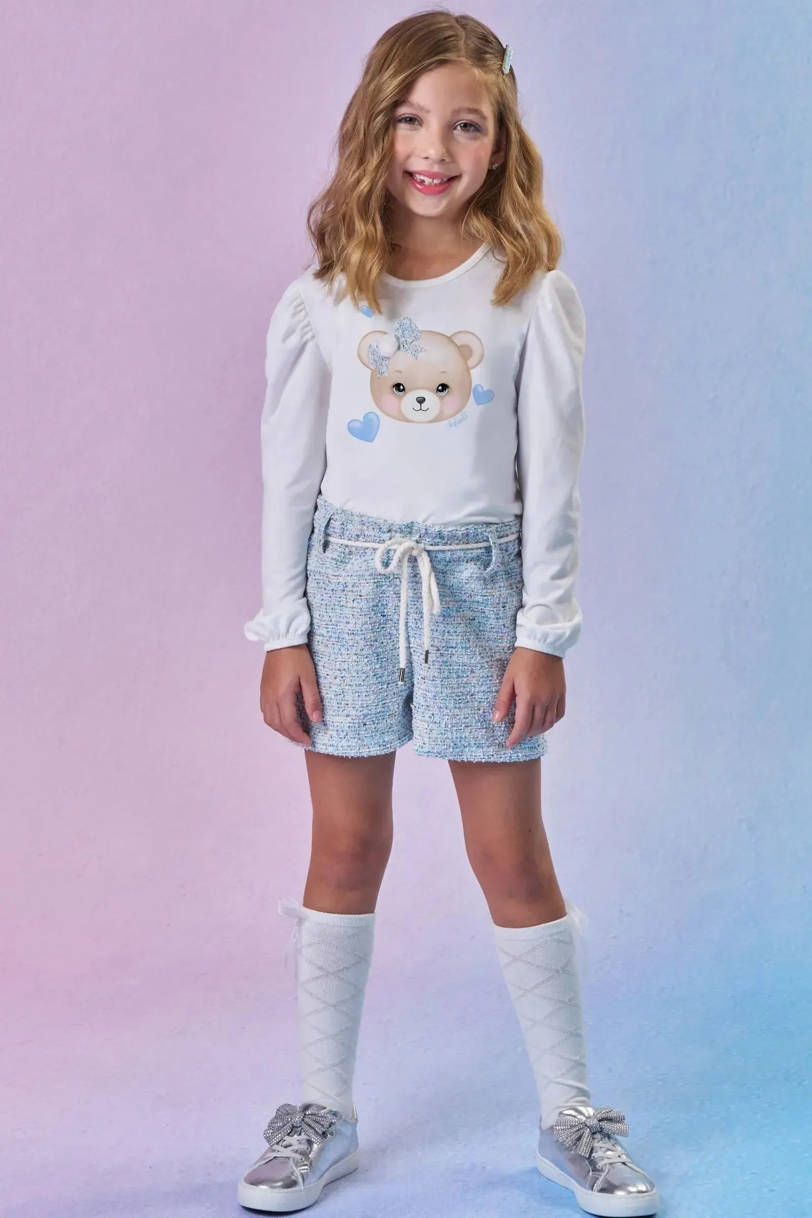 Conjunto de Blusa em Malha Comfy e Shorts em Malha Tweed Colorida 92607 Infanti Infantil Menina