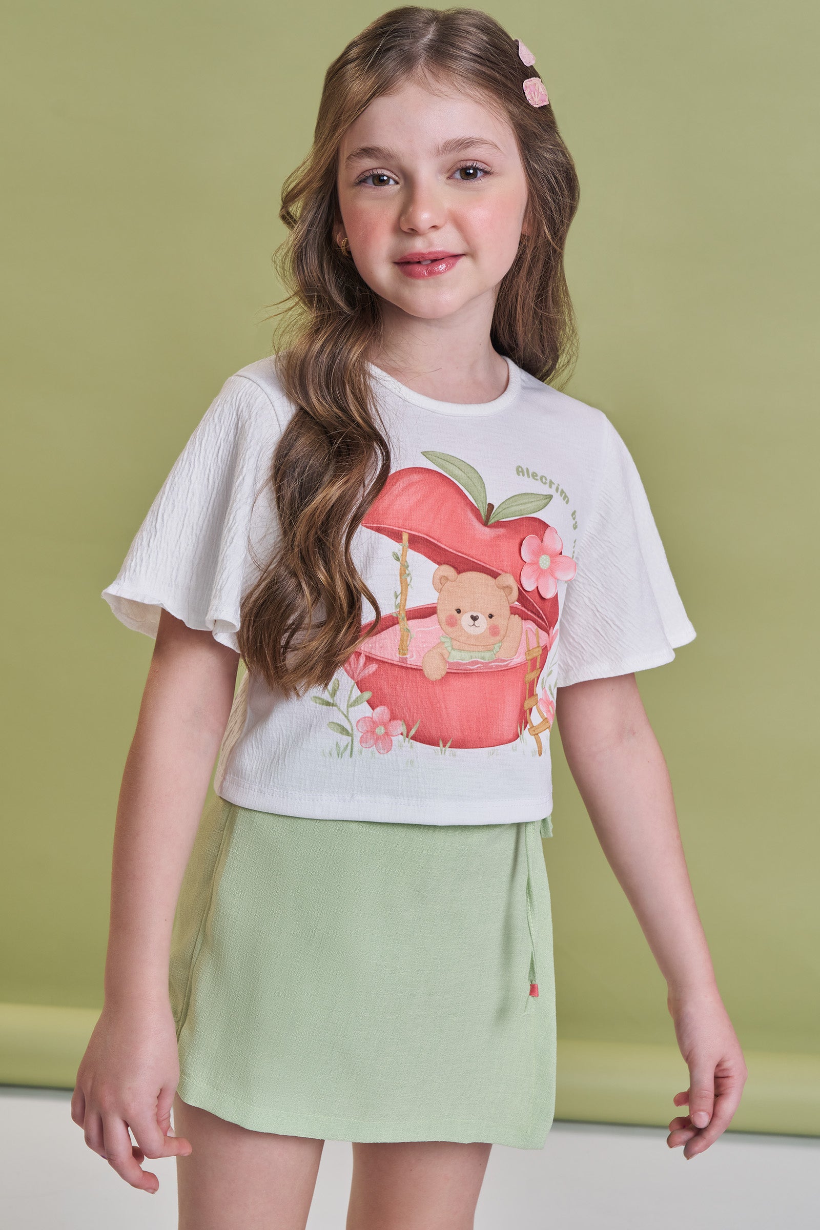 Conjunto de Blusa Boxy em Malha Wave e Short Saia em Tecido Texturizado 93014 Kukiê Infantil Menina