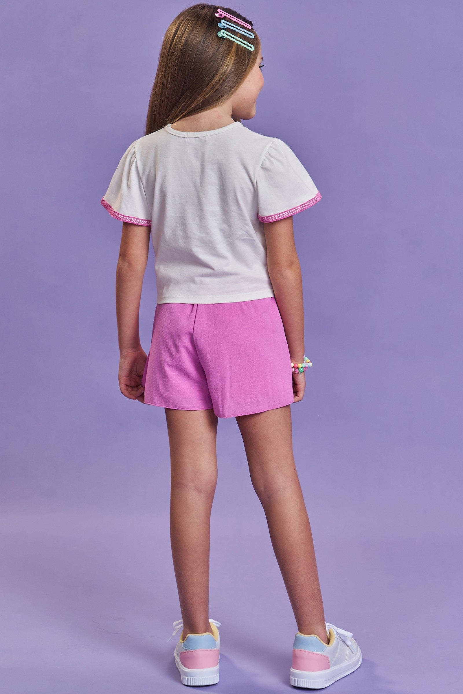 Conjunto de Blusa Boxy em Meia Malha e Shorts em Tecido Air Flow 93637 Kukiê Infantil Menina
