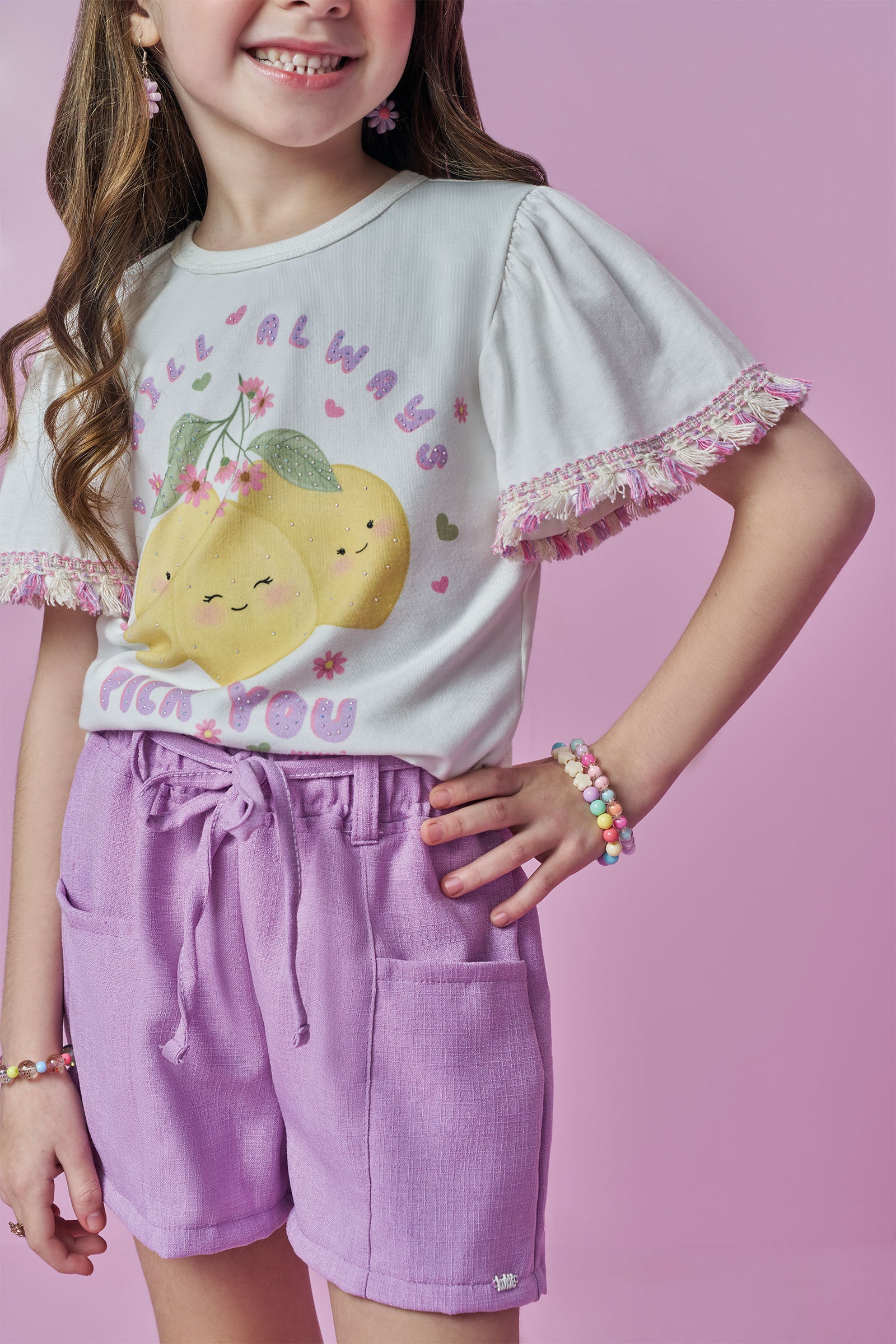 Conjunto de Blusa em Meia Malha e Shorts em Linho Rústico 93681 Kukiê Infantil Menina