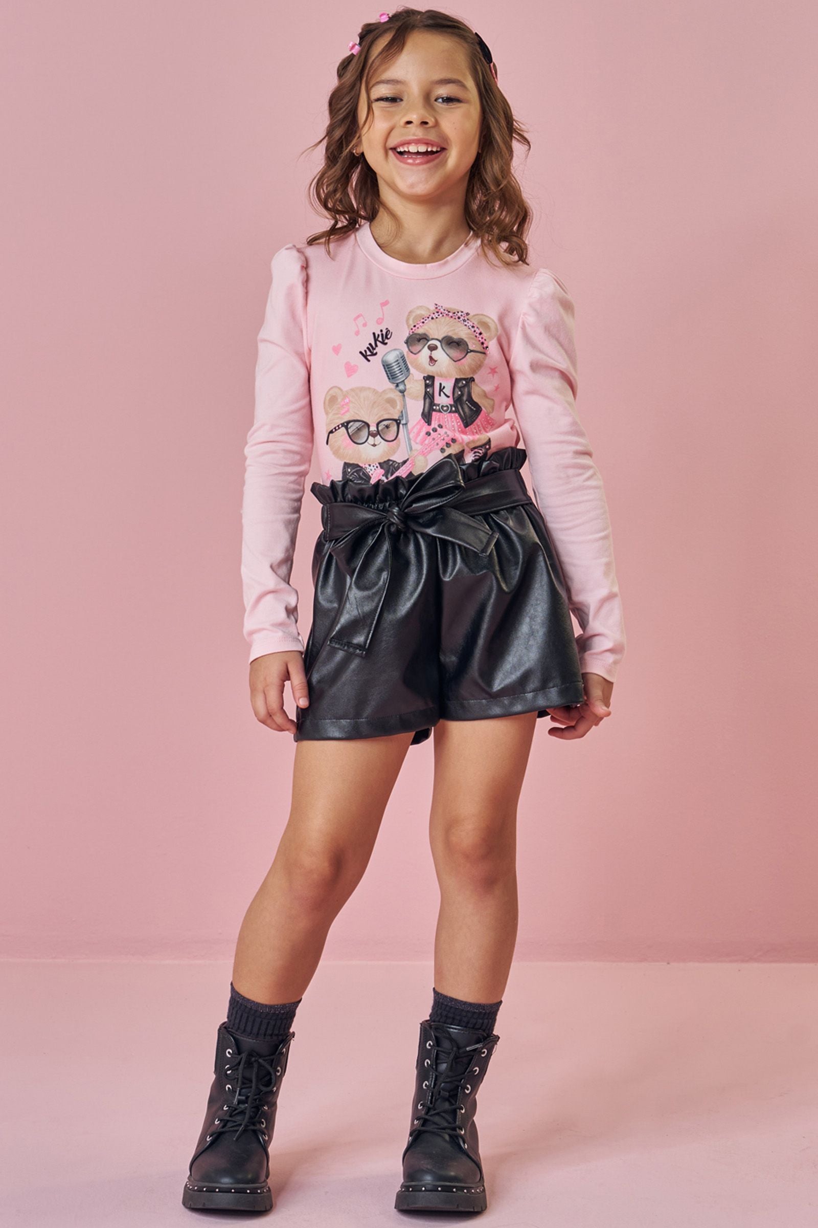 Conjunto de Blusa em Cotton e Shorts em Couro Eco 93777 Kukiê Infantil Menina