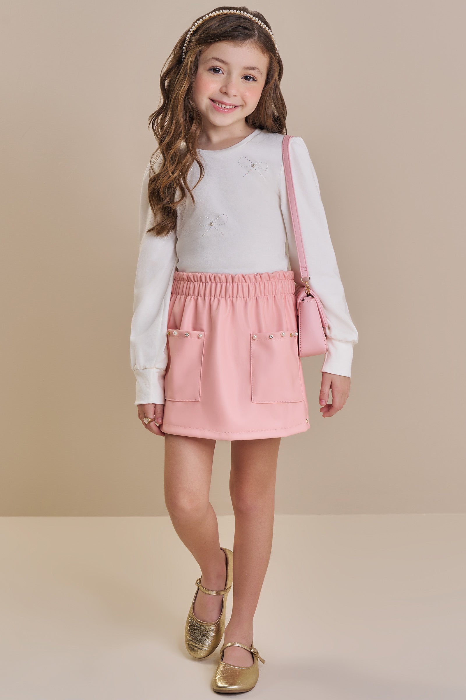 Conjunto de Blusa em Cotton e Short Saia em Couro Eco 93781 Kukiê Infantil Menina