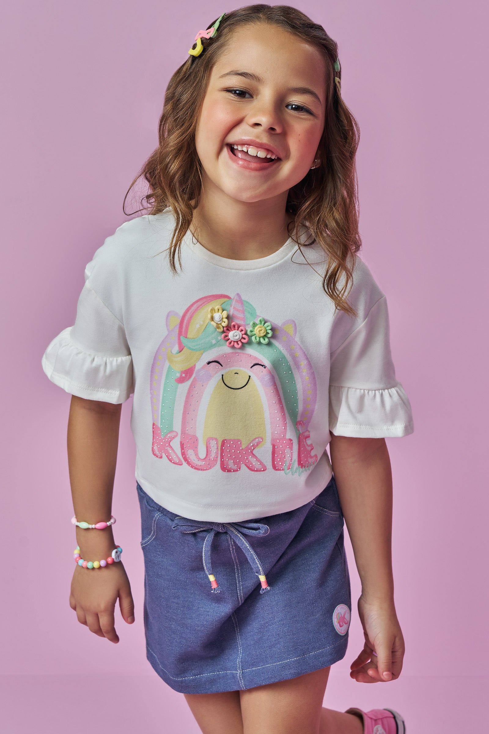 Conjunto de Blusa Boxy em Meia Malha e Short Saia em Malha Denim 93872 Kukiê Infantil Menina