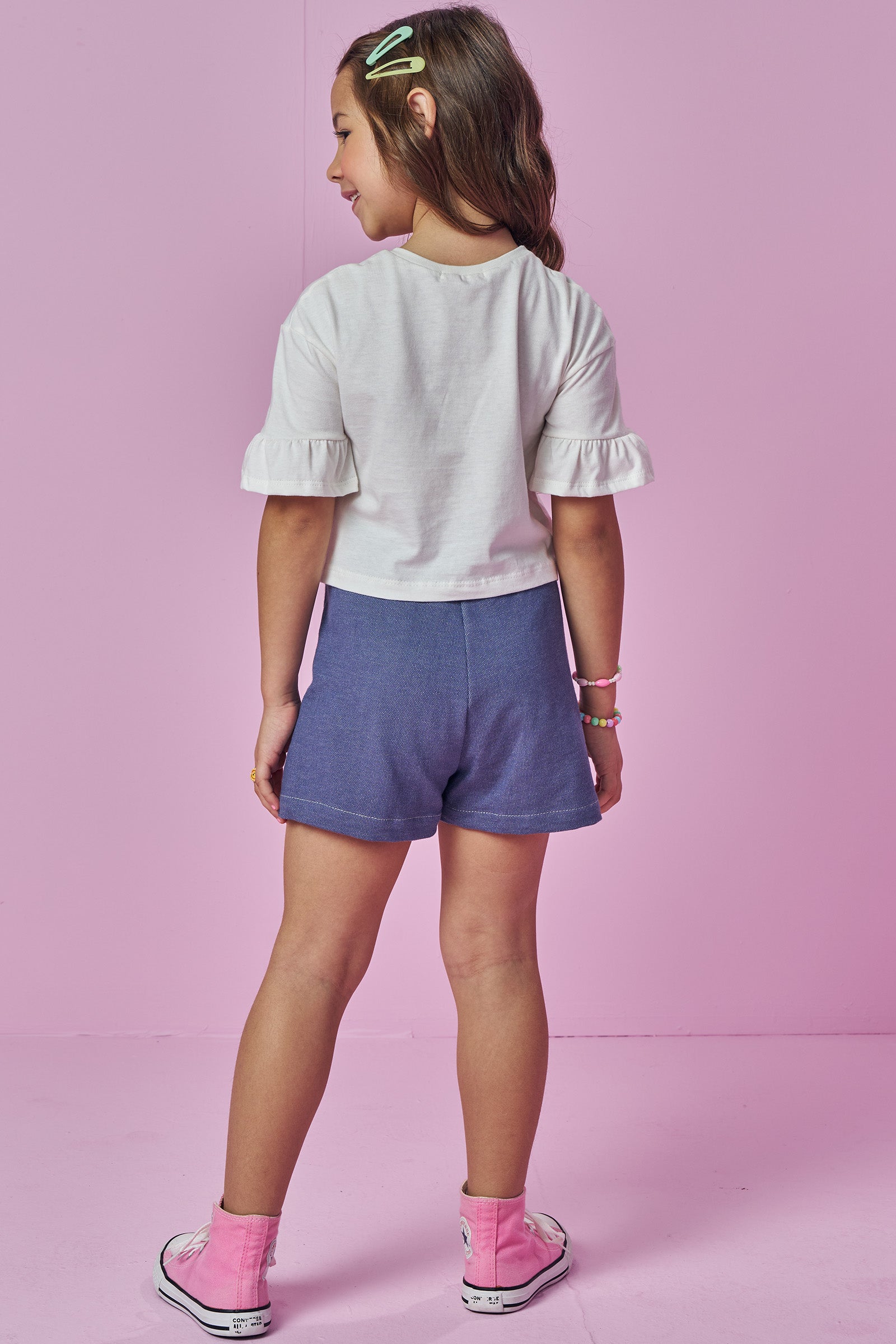 Conjunto de Blusa Boxy em Meia Malha e Short Saia em Malha Denim 93872 Kukiê Infantil Menina