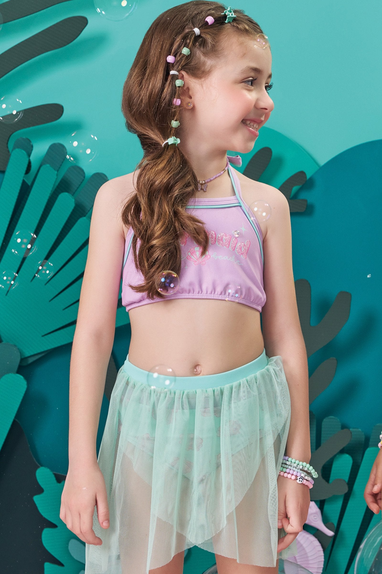 Biquíni em Malha com Proteção UV50+ e Saia em Tule 83691 Kukiê Infantil Menina
