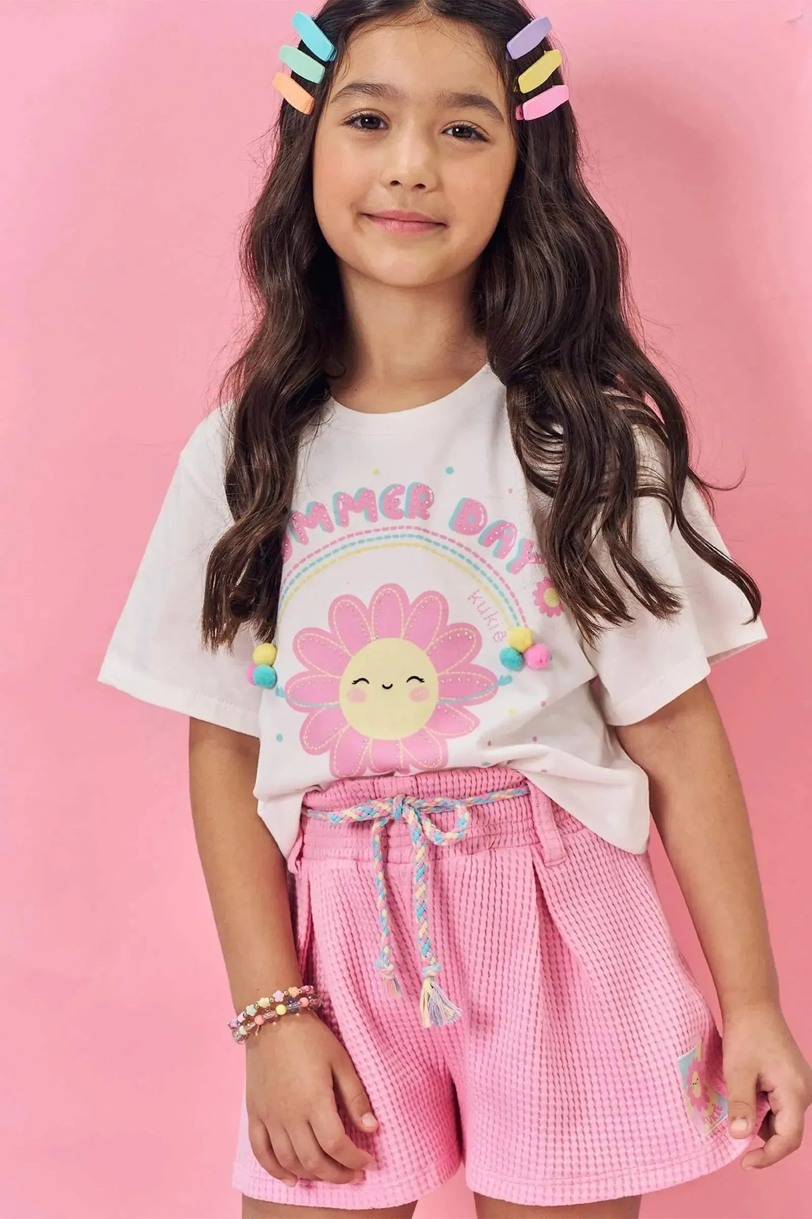 Blusa Boxy Over em Meia Malha e Shorts em Moletinho Big Waffle 83235 Kukiê Infantil Menina