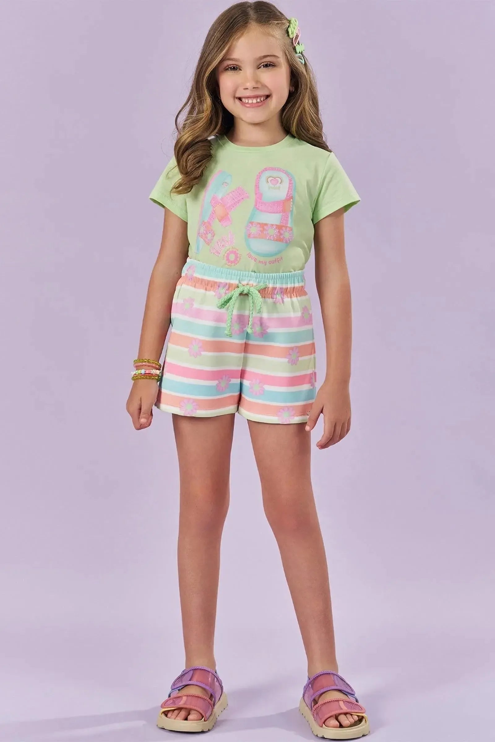 Blusa em Meia Malha e Shorts em Fly Tech 84259 Kukiê Infantil Menina