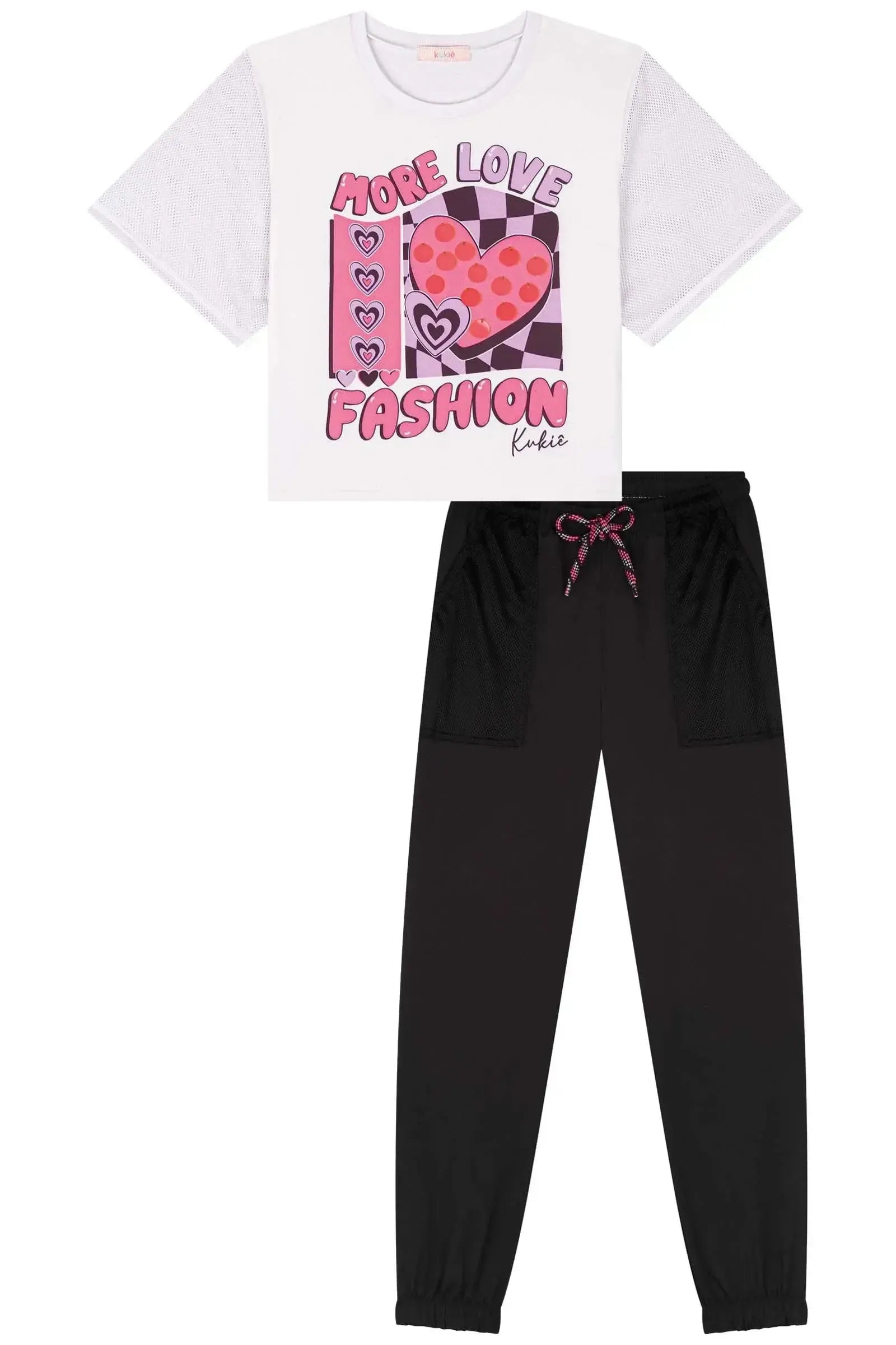 Conjunto Blusa Boxy Over em Meia Malha e Tela e Calça Jogger em Nylon 84114 Kukiê Infantil Menina