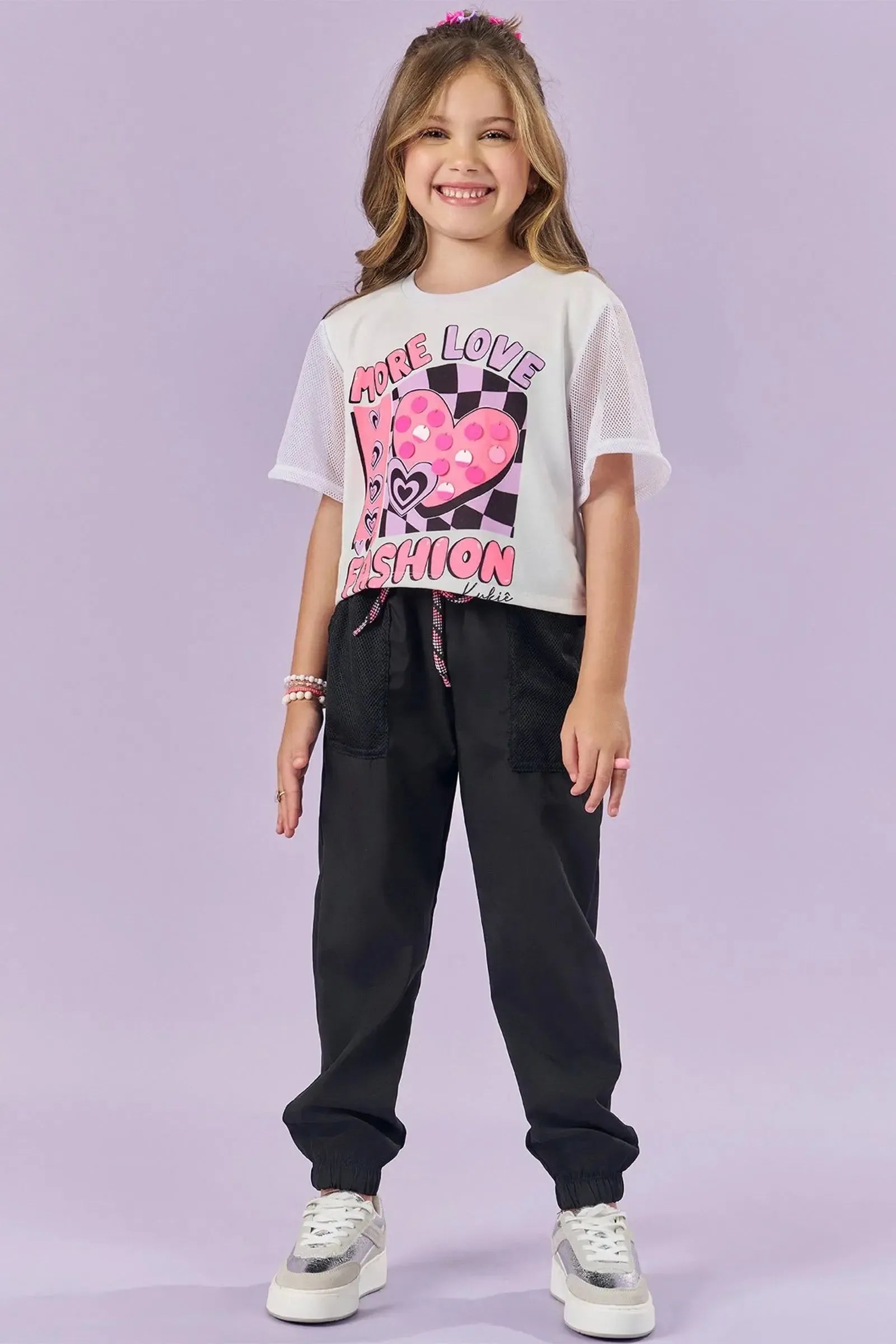 Conjunto Blusa Boxy Over em Meia Malha e Tela e Calça Jogger em Nylon 84114 Kukiê Infantil Menina