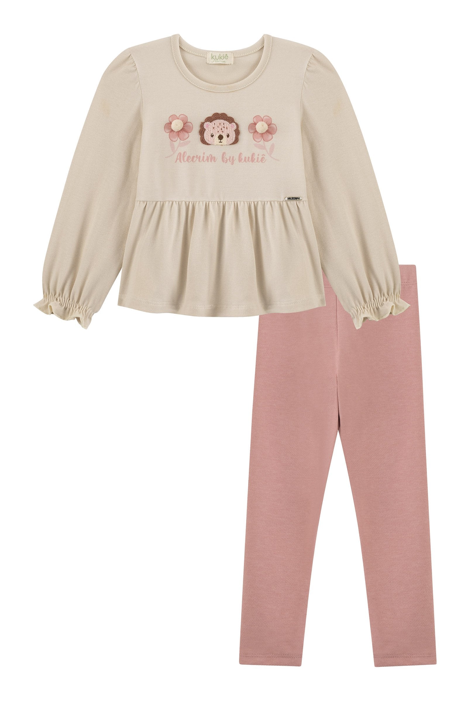 Conjunto de Bata em Cotton e Calça Legging em Cotton Jeans 89879 Kukiê Bebê Menina