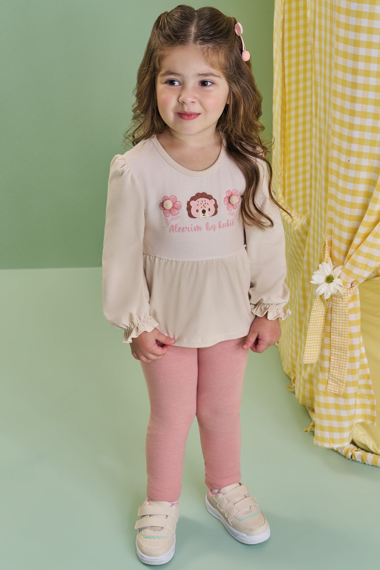 Conjunto de Bata em Cotton e Calça Legging em Cotton Jeans 89879 Kukiê Bebê Menina