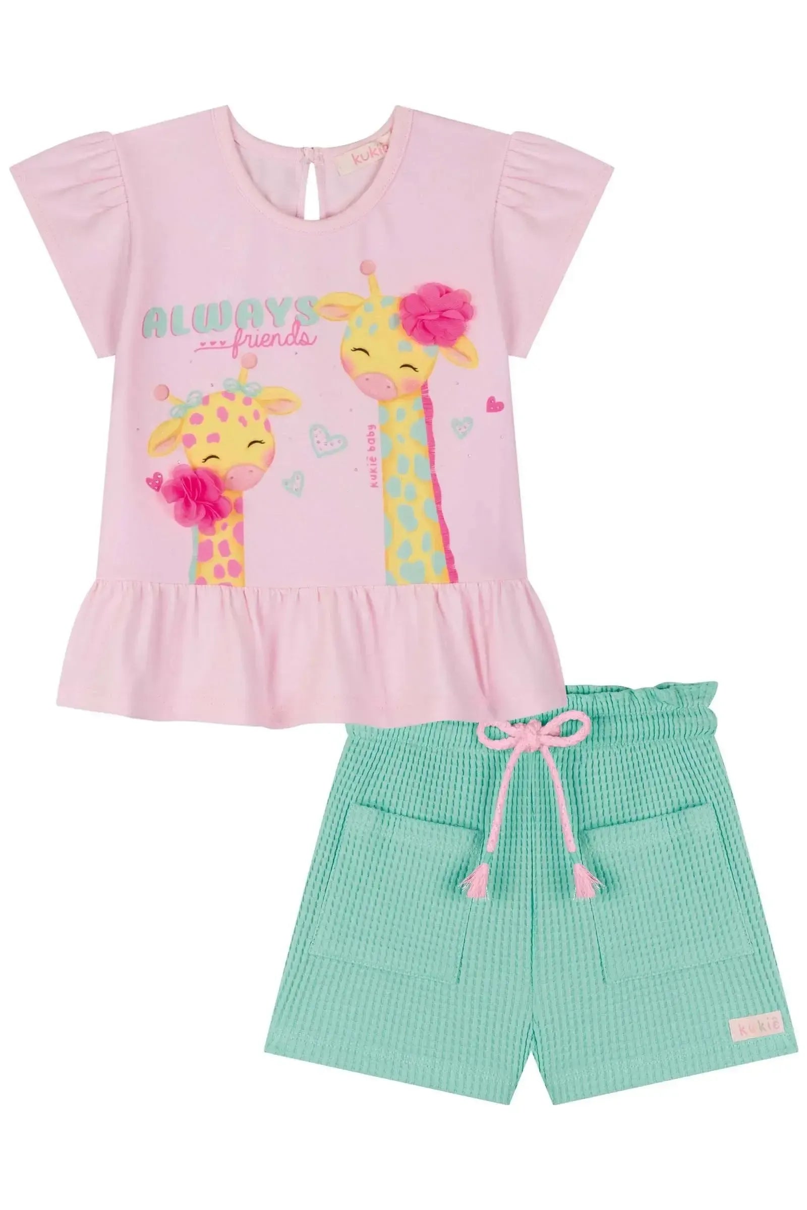Conjunto de Bata em Cotton e Shorts em Malha Big Waffle 85722 Kukiê Bebê Menina