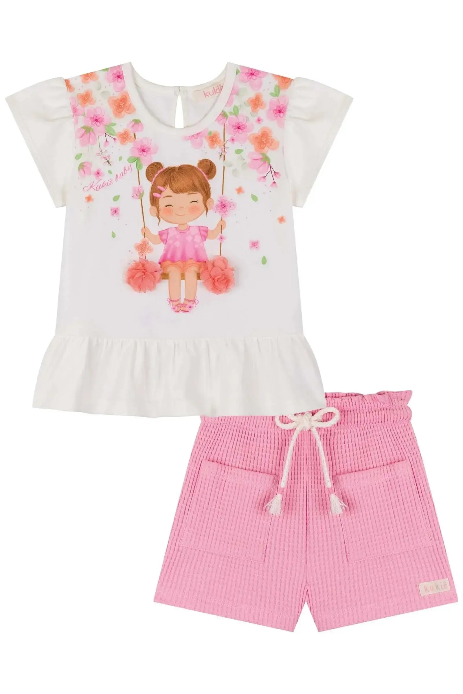Conjunto de Bata em Cotton e Shorts em Malha Big Waffle 85722 Kukiê Bebê Menina