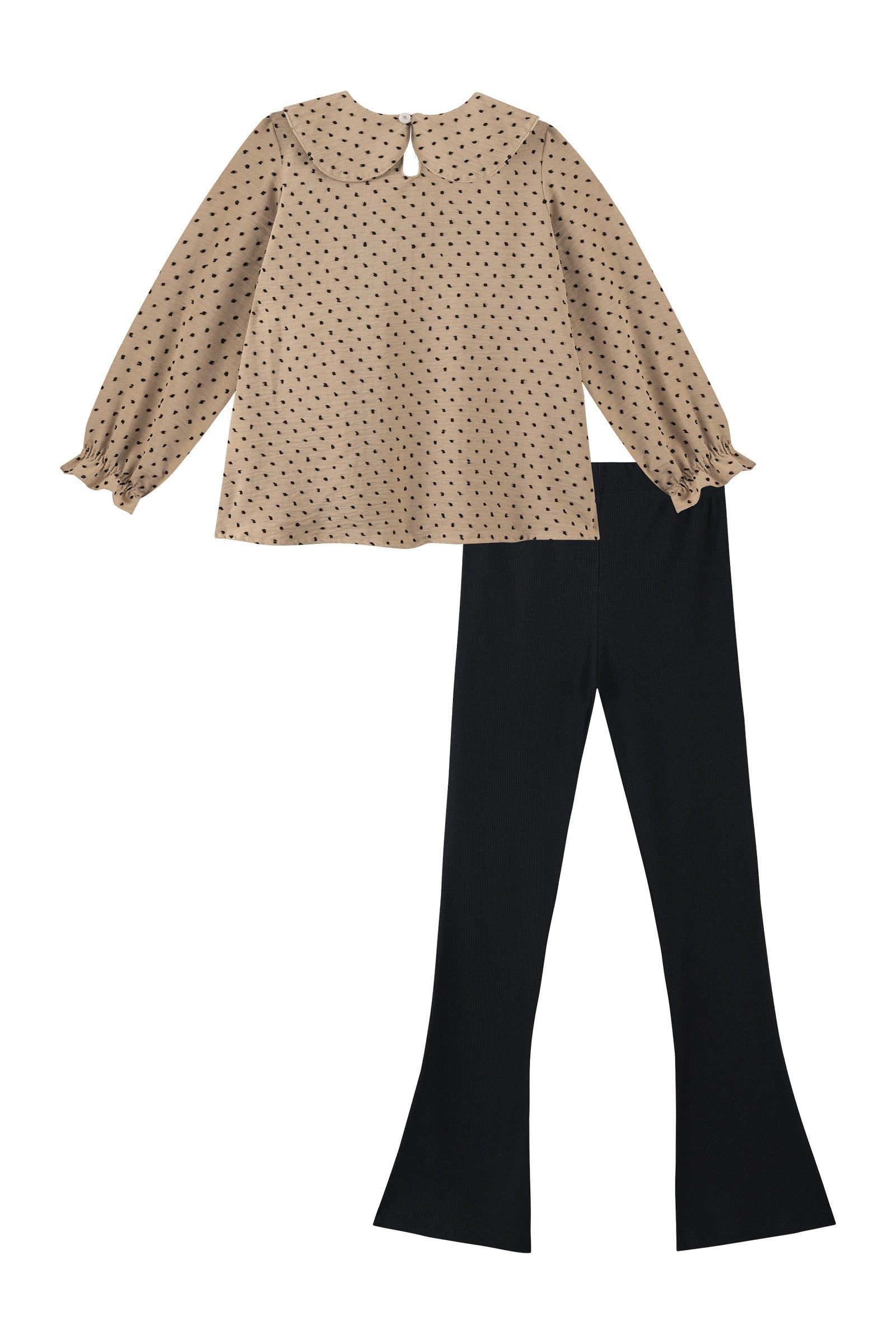 Conjunto de Bata em Crepe Textura Poá e Calça Boot Cut em Canelado 90920 Kukiê Infantil Menina