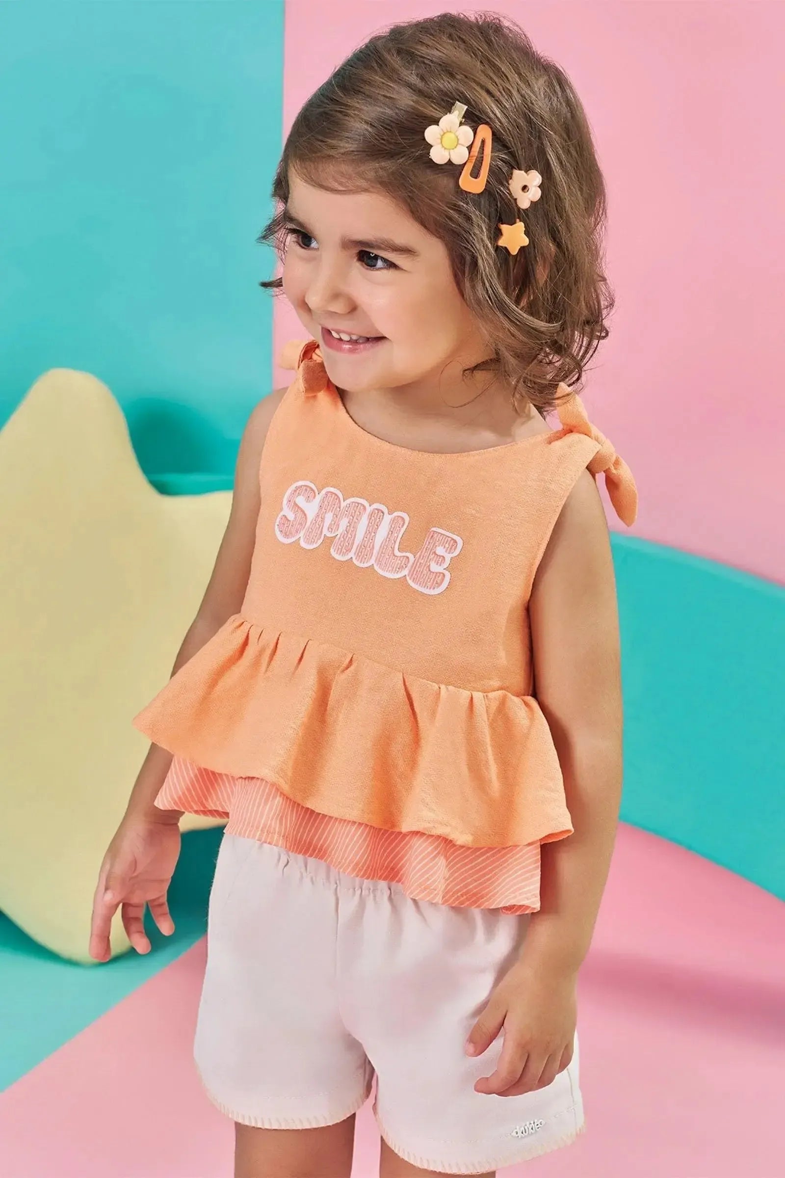 Conjunto de Bata em Crepe Viscose e Shorts em Sarja com Elastano 85781 Kukiê Bebê Menina