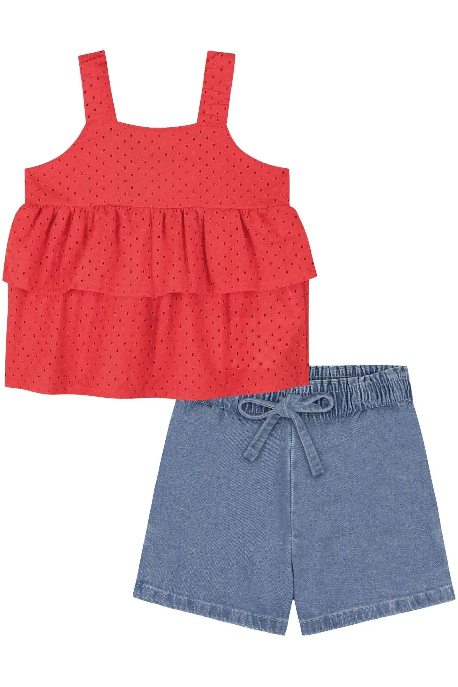 Conjunto de Bata em Laise e Shorts em Jeans com Elastano 85731 Kukiê Bebê Menina