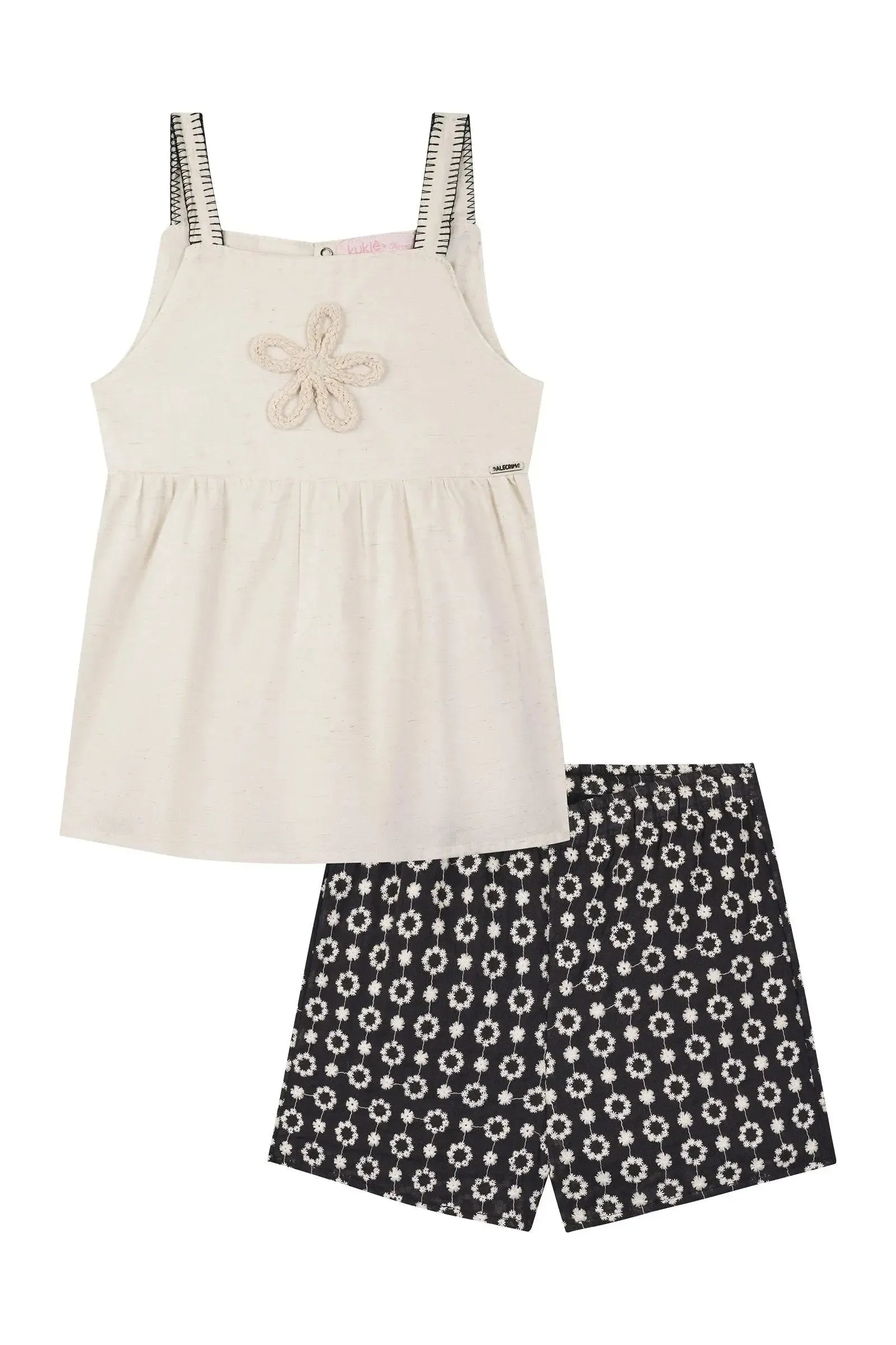 Conjunto de Bata em Linho Deluxe e Shorts em Laise Floral Bordada 100% Algodão 87349 Kukiê Infantil Menina