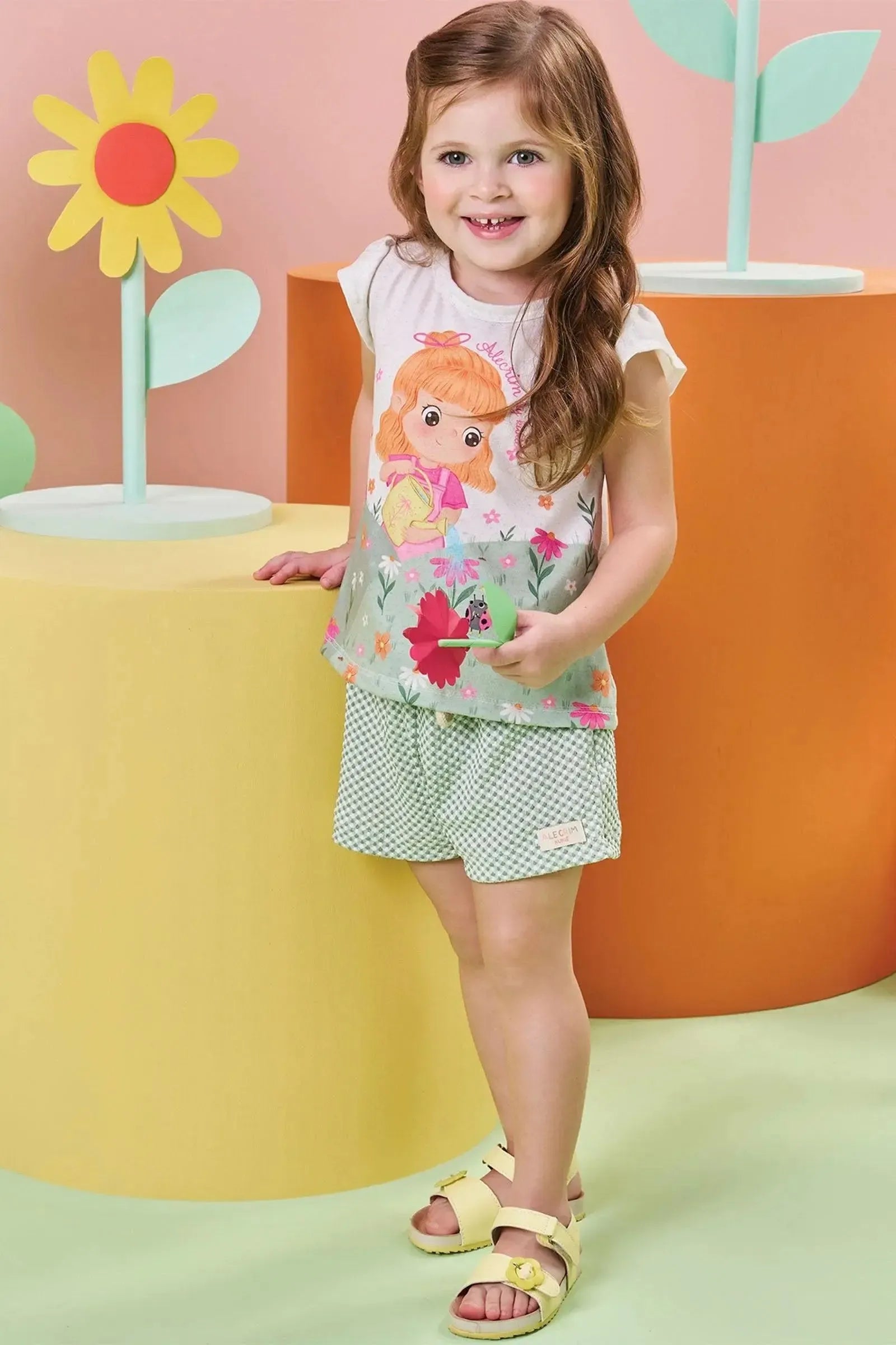 Conjunto de Bata em Malha Fresh e Shorts em Malha Vichy Textura 85510 Kukiê Bebê Menina