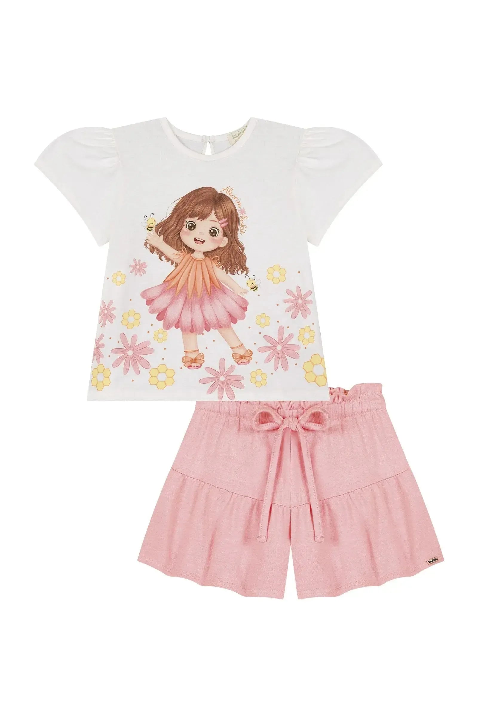Conjunto de Bata em Malha Fresh e Shorts em Molevisco 88975 Kukiê Bebê Menina