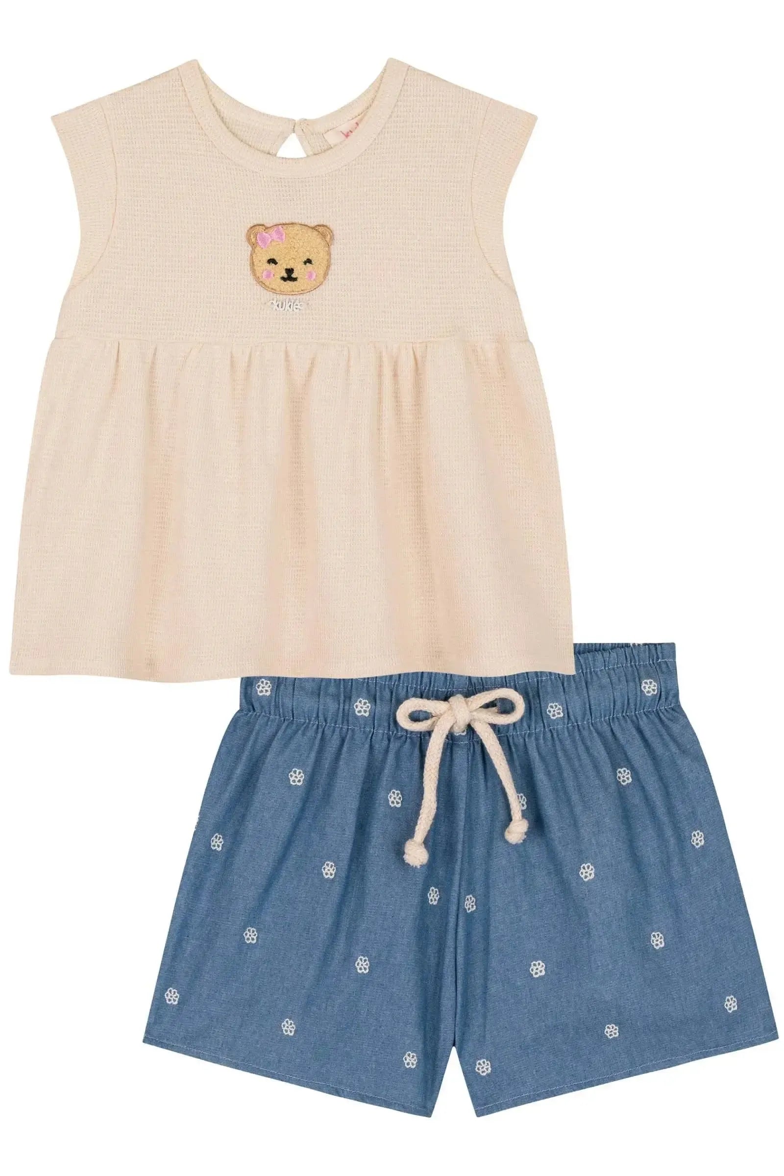 Conjunto de Bata em Malha Little Waffle e Shorts em Jeans Bordado 85774 Kukiê Bebê Menina