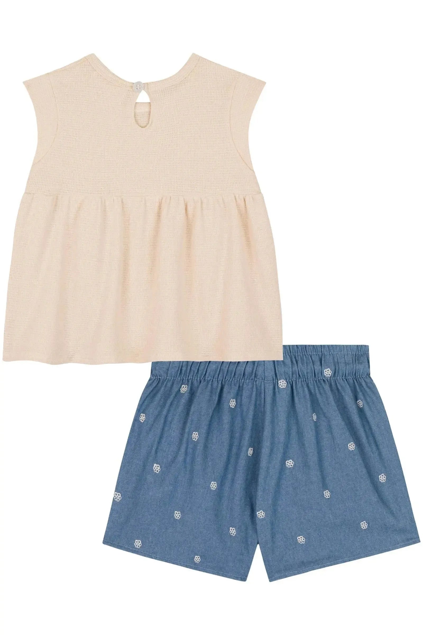 Conjunto de Bata em Malha Little Waffle e Shorts em Jeans Bordado 85774 Kukiê Bebê Menina