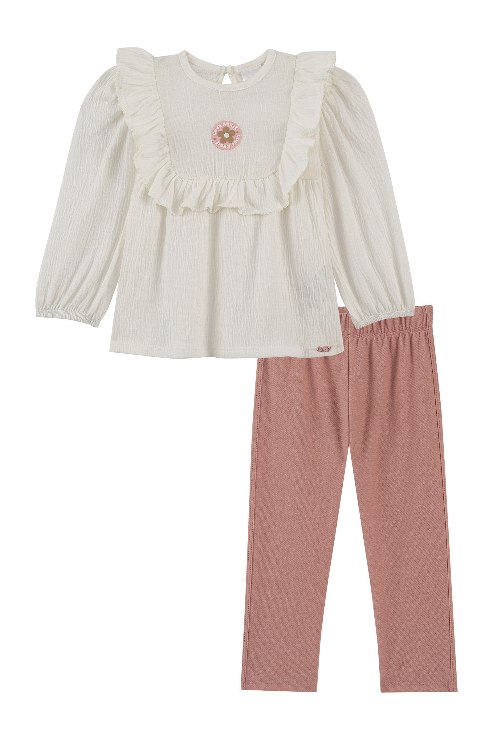 Conjunto de Bata em Malha Wave e Calça Legging em Cotton Jeans 92171 Kukiê Bebê Menina