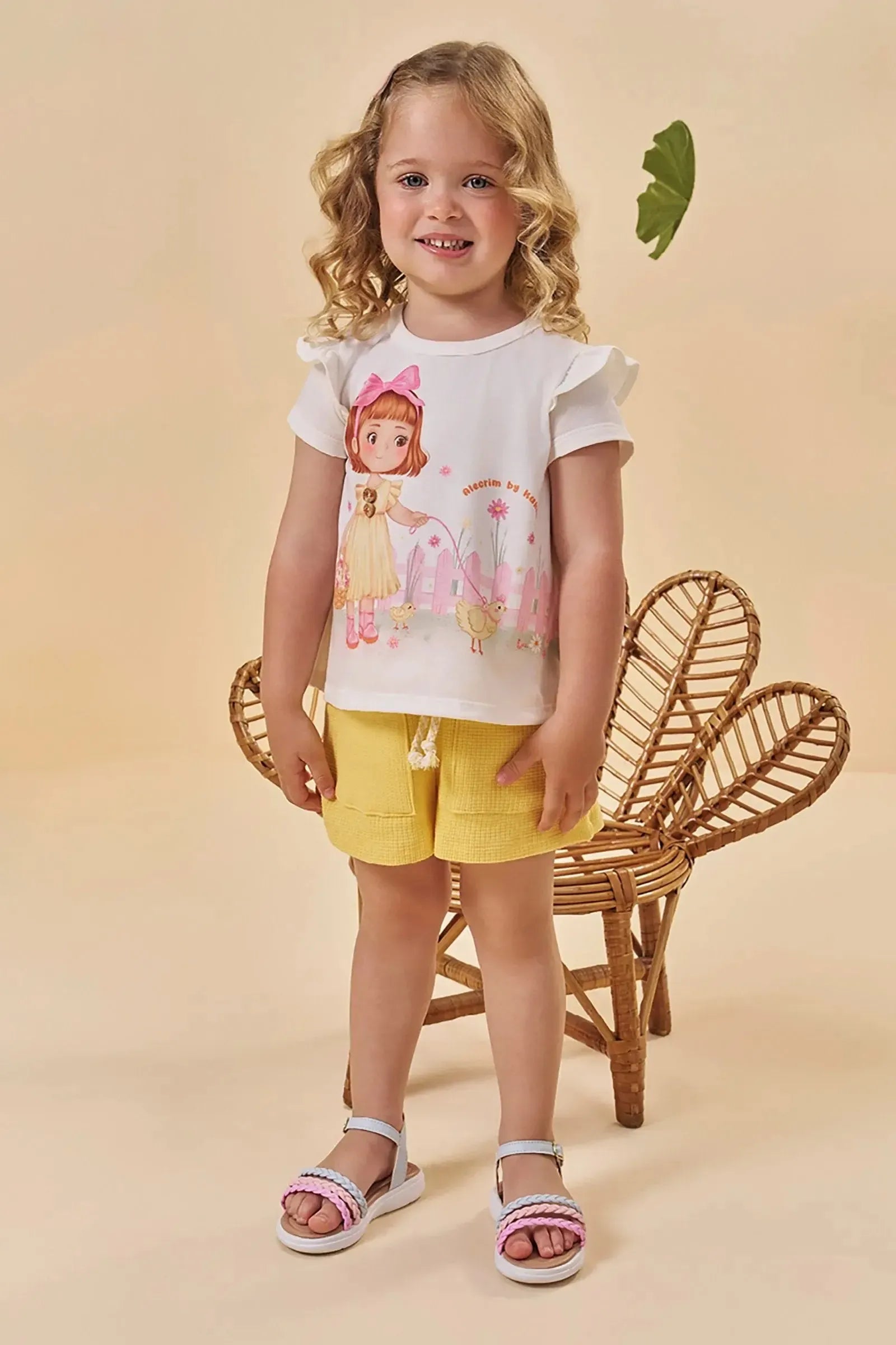 Conjunto de Bata em Meia Malha e Shorts em Malha Waffle 96020 Kukiê Infantil Menina