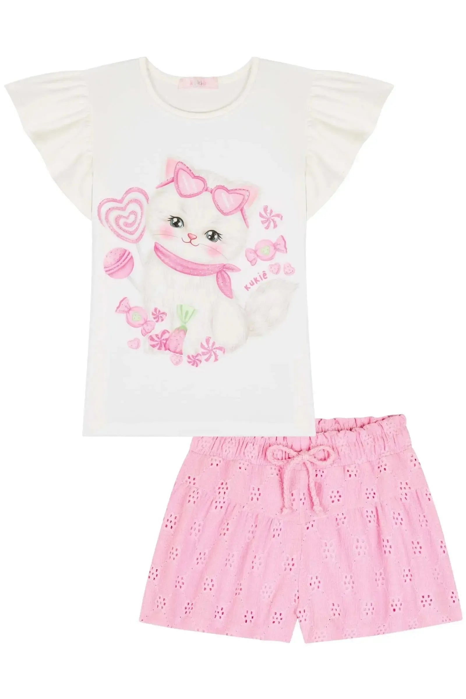 Conjunto de Bata em Tricoline com Elastano e Shorts em Malha Laise 85802 Kukiê Infantil Menina