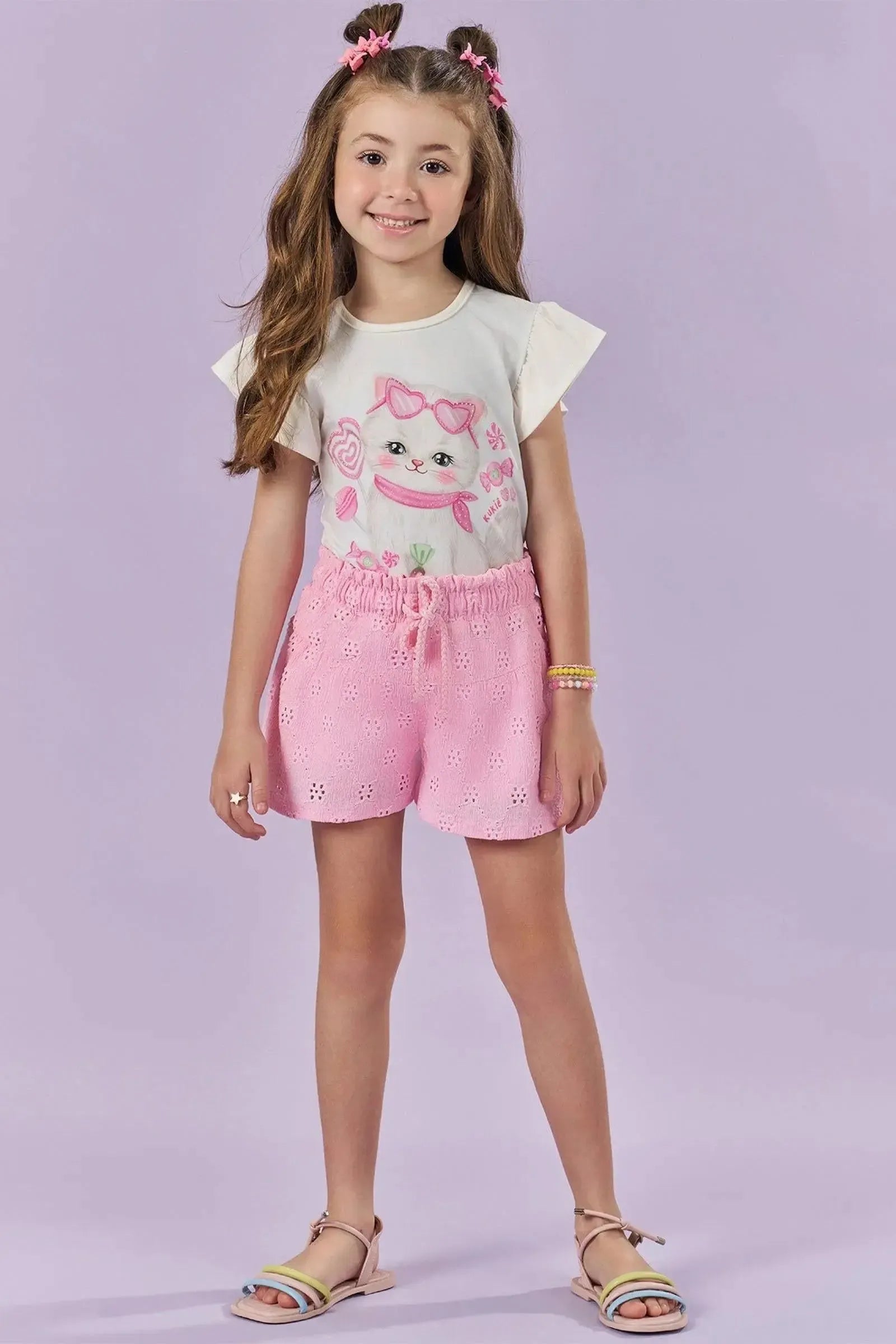 Conjunto de Bata em Tricoline com Elastano e Shorts em Malha Laise 85802 Kukiê Infantil Menina