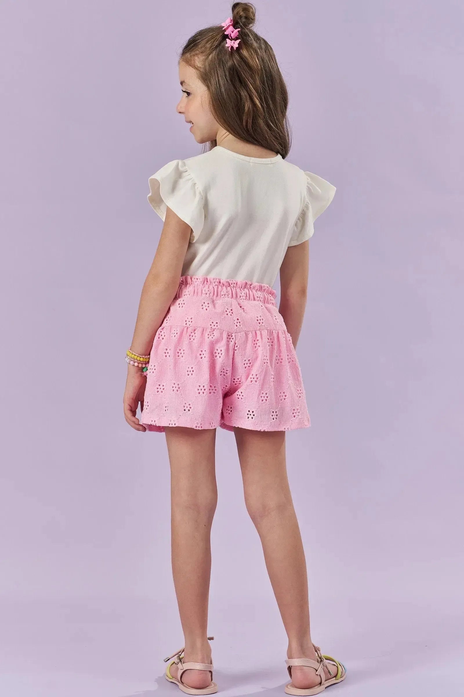 Conjunto de Bata em Tricoline com Elastano e Shorts em Malha Laise 85802 Kukiê Infantil Menina