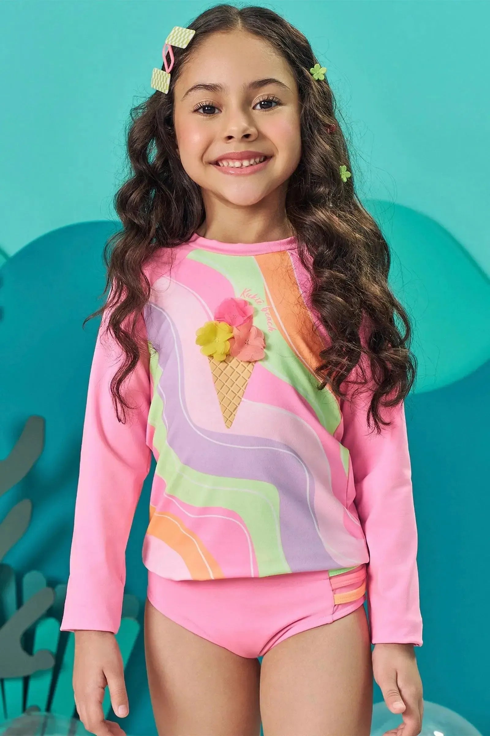 Conjunto de Biquíni e Blusa em Malha com Proteção UV50+ 83700 Kukiê Infantil Menina
