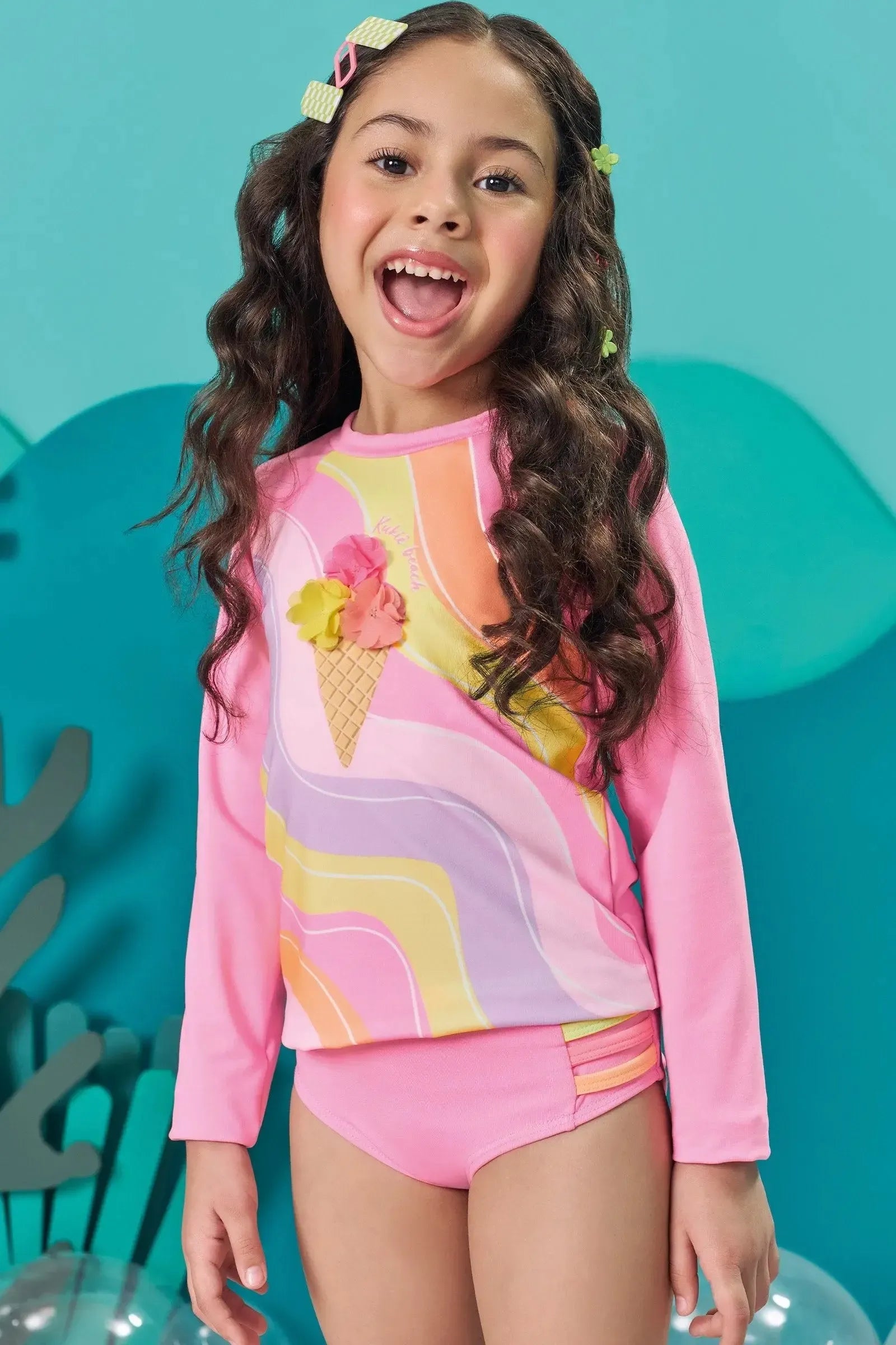 Conjunto de Biquíni e Blusa em Malha com Proteção UV50+ 83700 Kukiê Infantil Menina