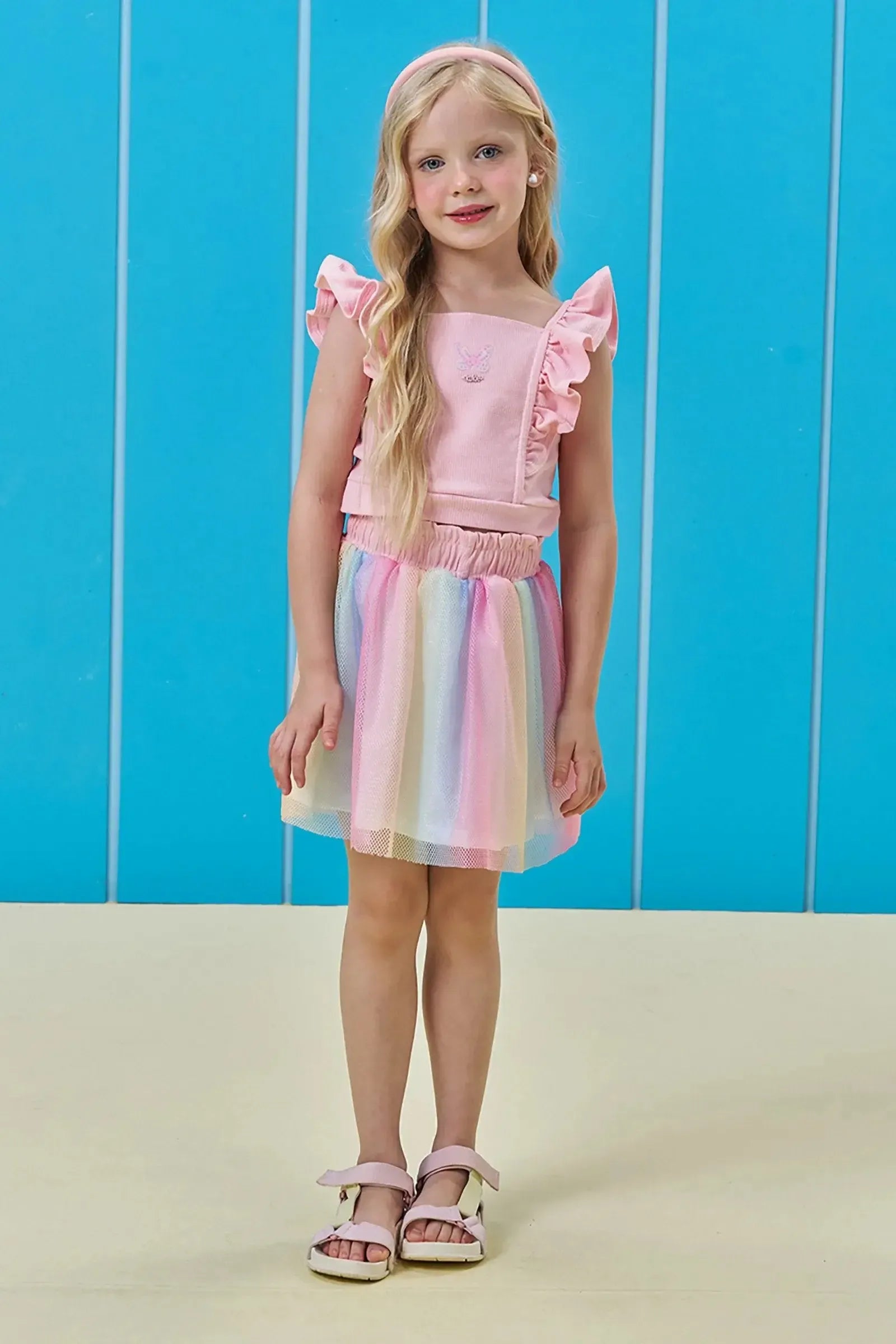 Conjunto de Blusa em Canelado e Saia em Tela (com Shorts Embutido) 96597 Kukiê Infantil Menina