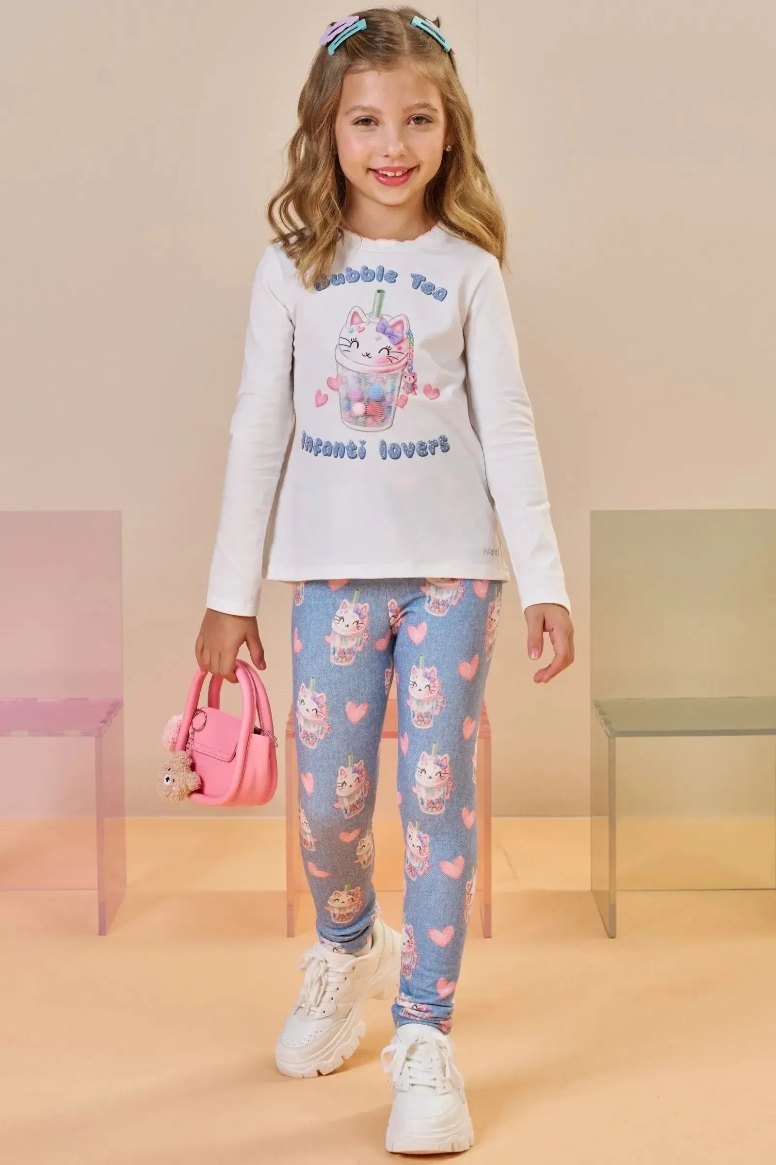 Conjunto de Blusa Alongada em Cotton e Calça Legging em Molecotton 91803 Infanti Infantil Menina