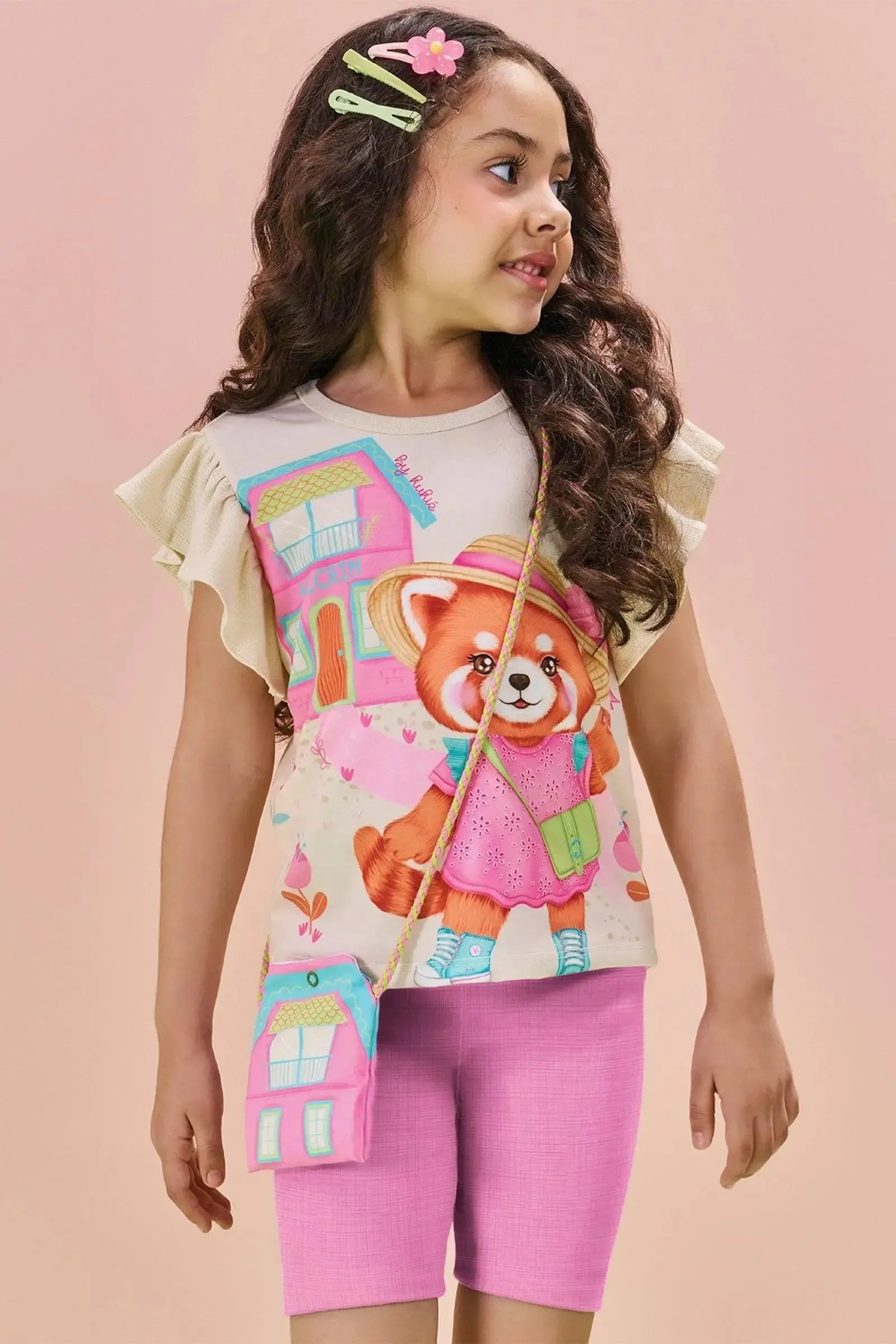 Conjunto de Blusa Alongada em Little Waffle e Biker em Molecotton 84527 Kukiê Infantil Menina