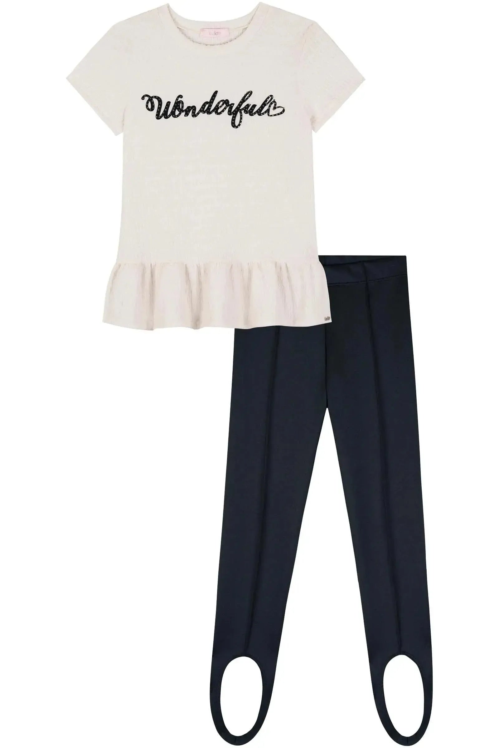 Conjunto de Blusa Alongada em Malha Enrugada e Calça Legging Fuseau em Fly Tech 83760 Kukiê Infantil Menina