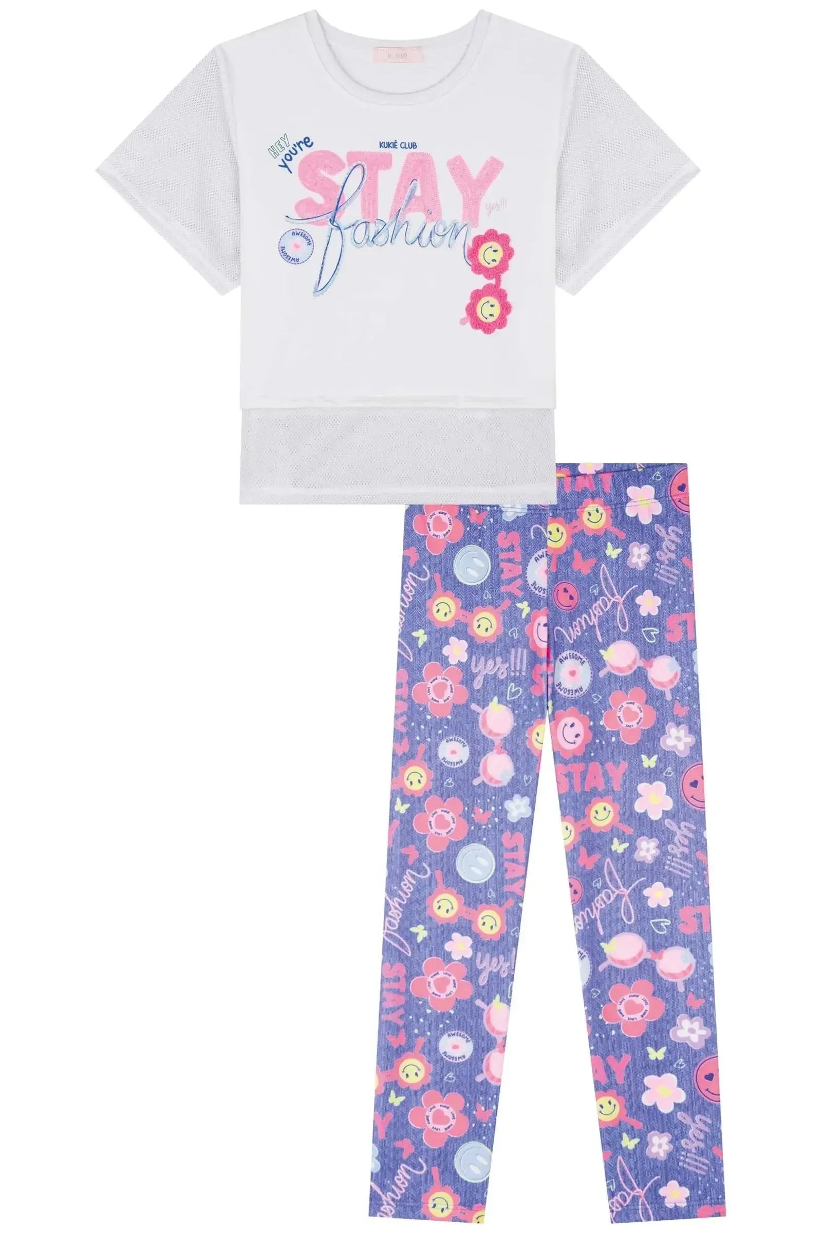 Conjunto de Blusa Alongada em Meia Malha e Tela e Legging em Malha Power 84076 Kukiê Infantil Menina