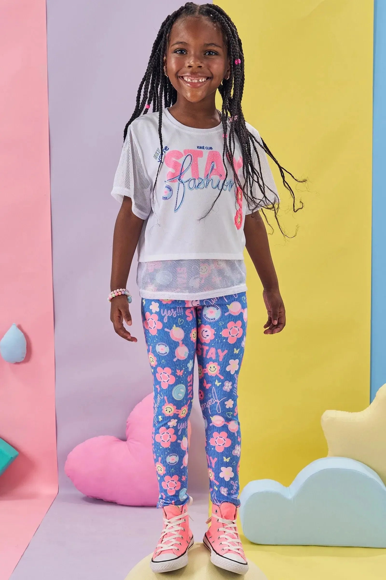 Conjunto de Blusa Alongada em Meia Malha e Tela e Legging em Malha Power 84076 Kukiê Infantil Menina